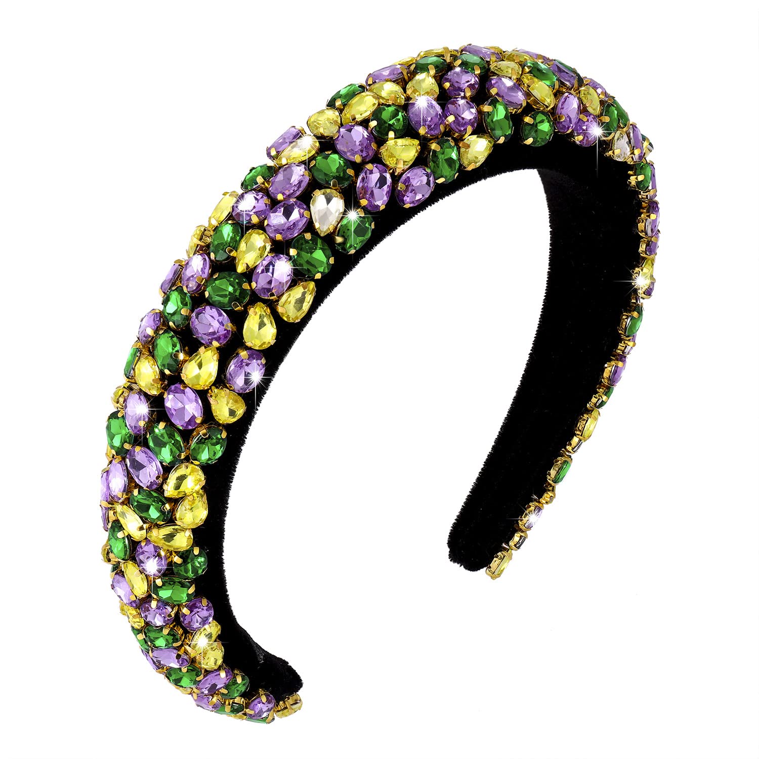 HSWE Padded Rhinestone Headband Bejewelled Crystal Velvet Wide hairband Party Headwear Hair Accessories for Women Girls (Purple green yellow