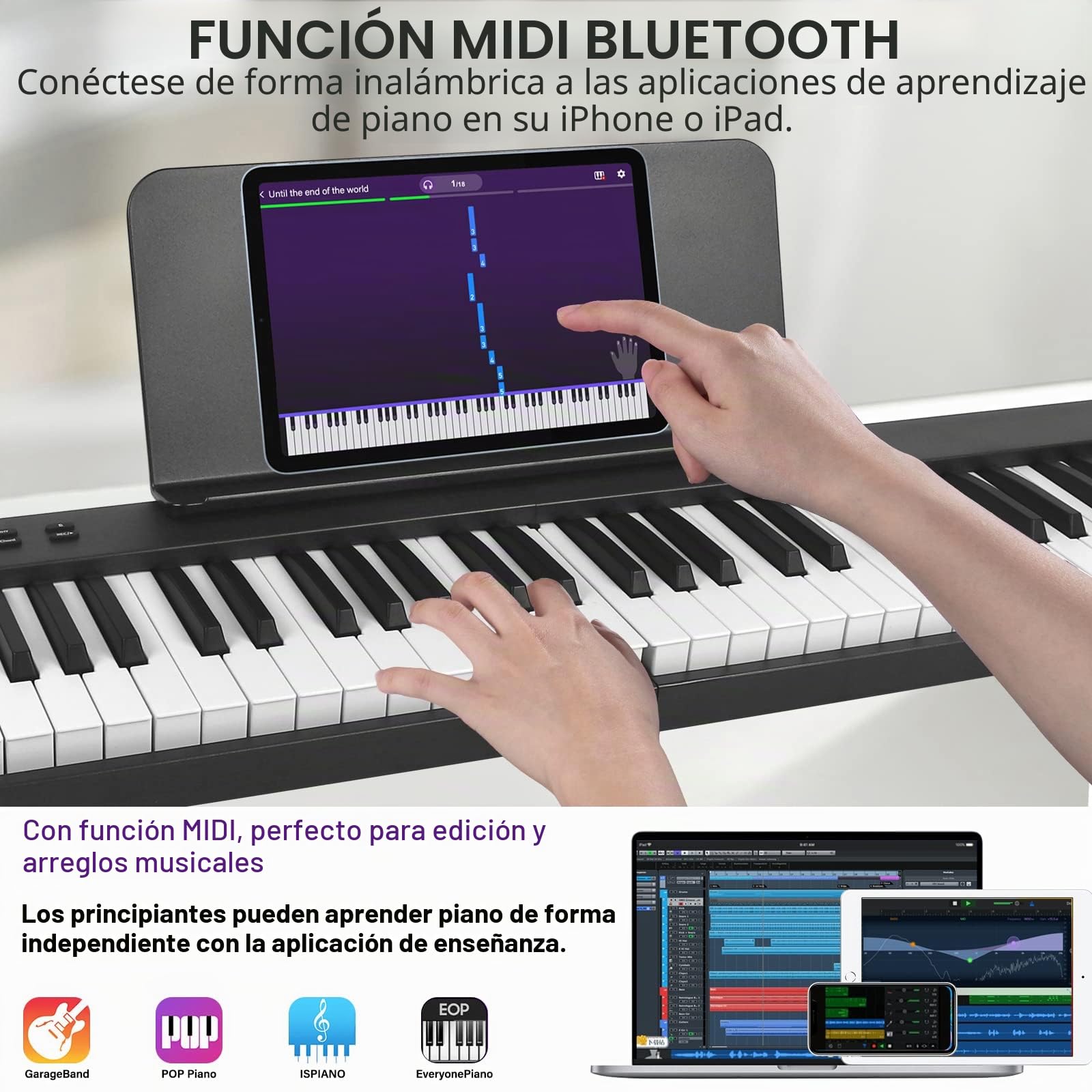 Teclado de piano plegable Kime, teclado eléctrico Piano 88 teclas Teclado plegable de piano digital semiponderado con pedal de sustain Bluetooth MIDI, cartera de música, bolsa de transporte