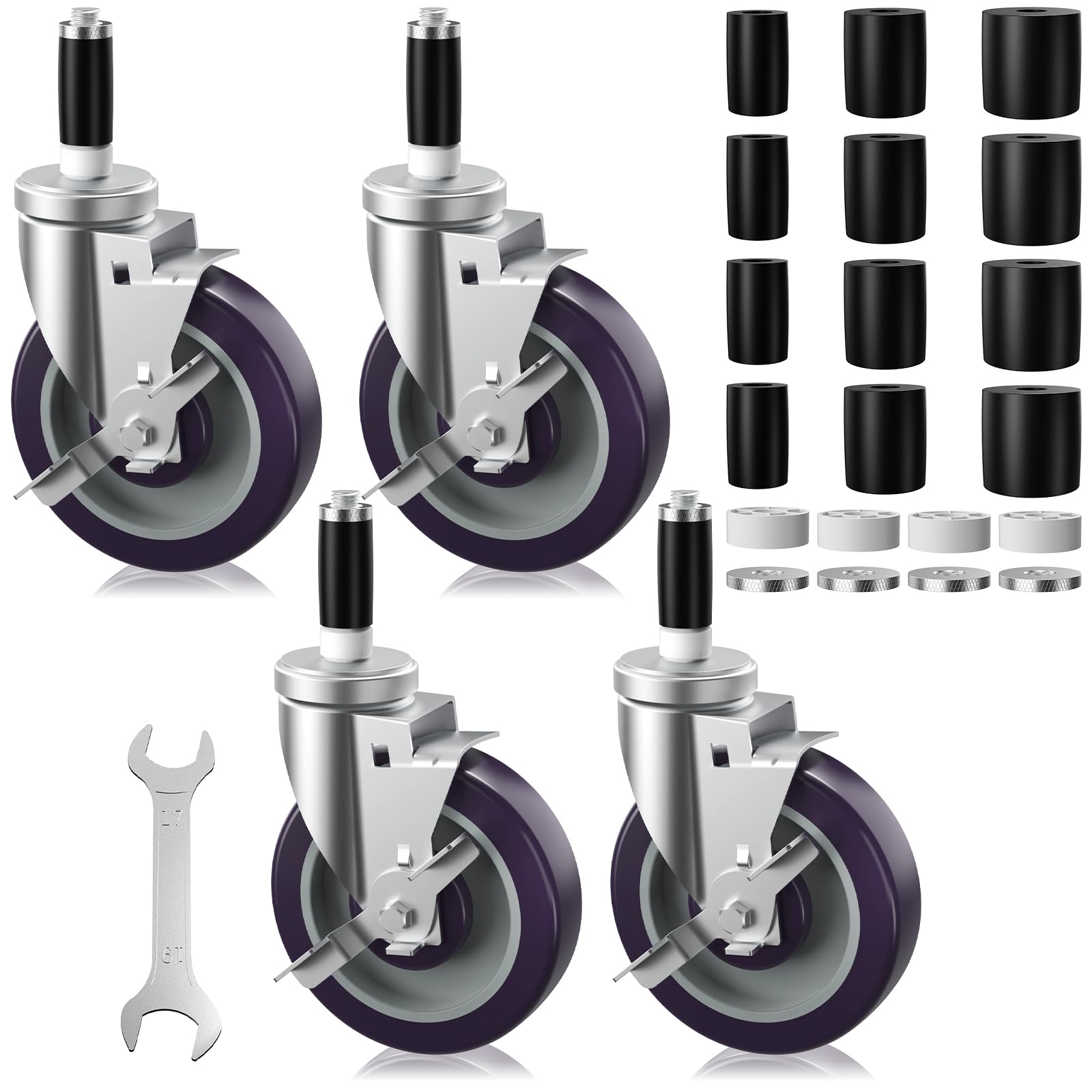 Ruedas giratorias de vástago expandible de 5 pulgadas para patas de mesa, todas con ajuste de freno, adaptador de tubo de pierna de 1 pulgada, juego de 4 ruedas de vástago expandible