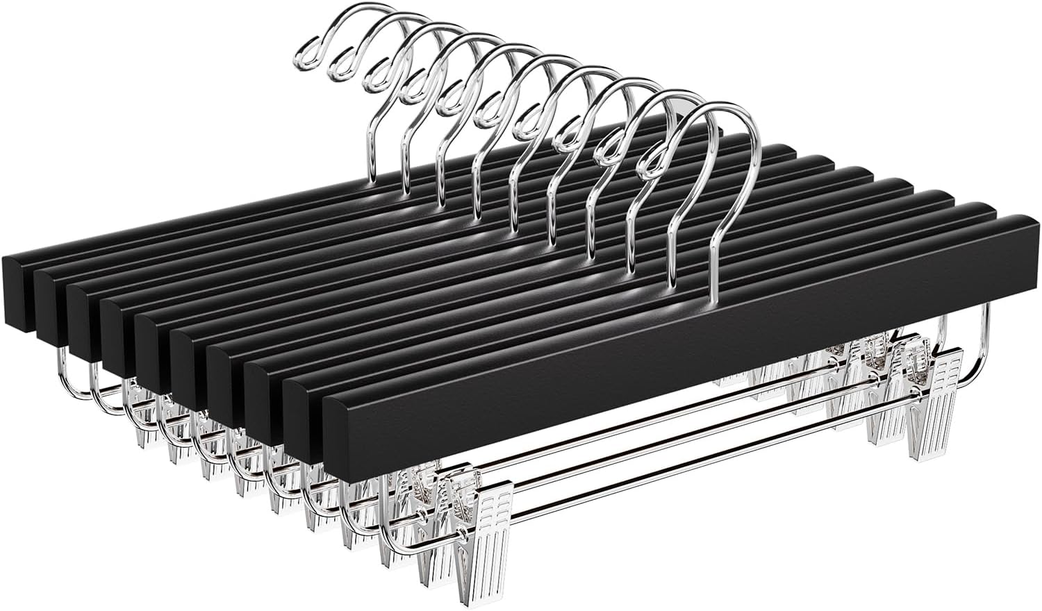 BAGAIL 20 Pack Wooden Pants Hangers with Adjustable Clips, 360°Swivel Hook Space Saving Skirt Holders with Anti-Rust Clips for Trousers, Jeans, Shorts (Black)