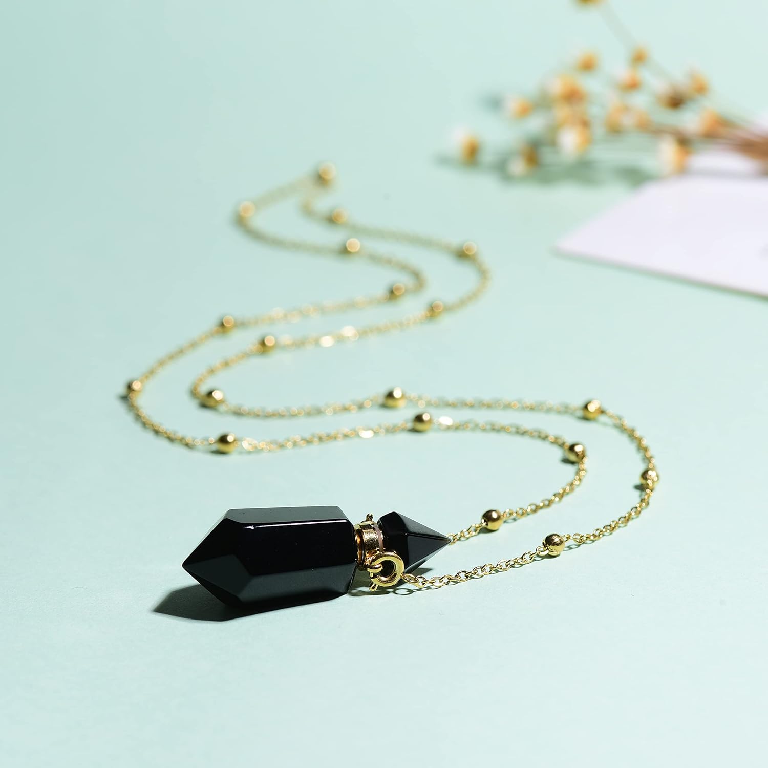 Obsidian Perfume Bottle Necklace Aromatherapy Necklace Hexagonal Pointed Essential Oil Diffuser Necklace for Women Vial Necklace (obsidian)