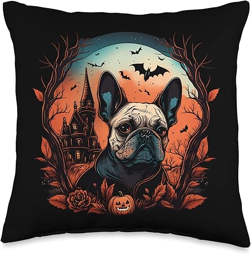 Miniatura 5 de French Bulldog  Funny & Cute Frenchie Love Motifs Disfraz de bulldog francés de Halloween  Almohada aterradora de bruja y calabaza, 18 x 18