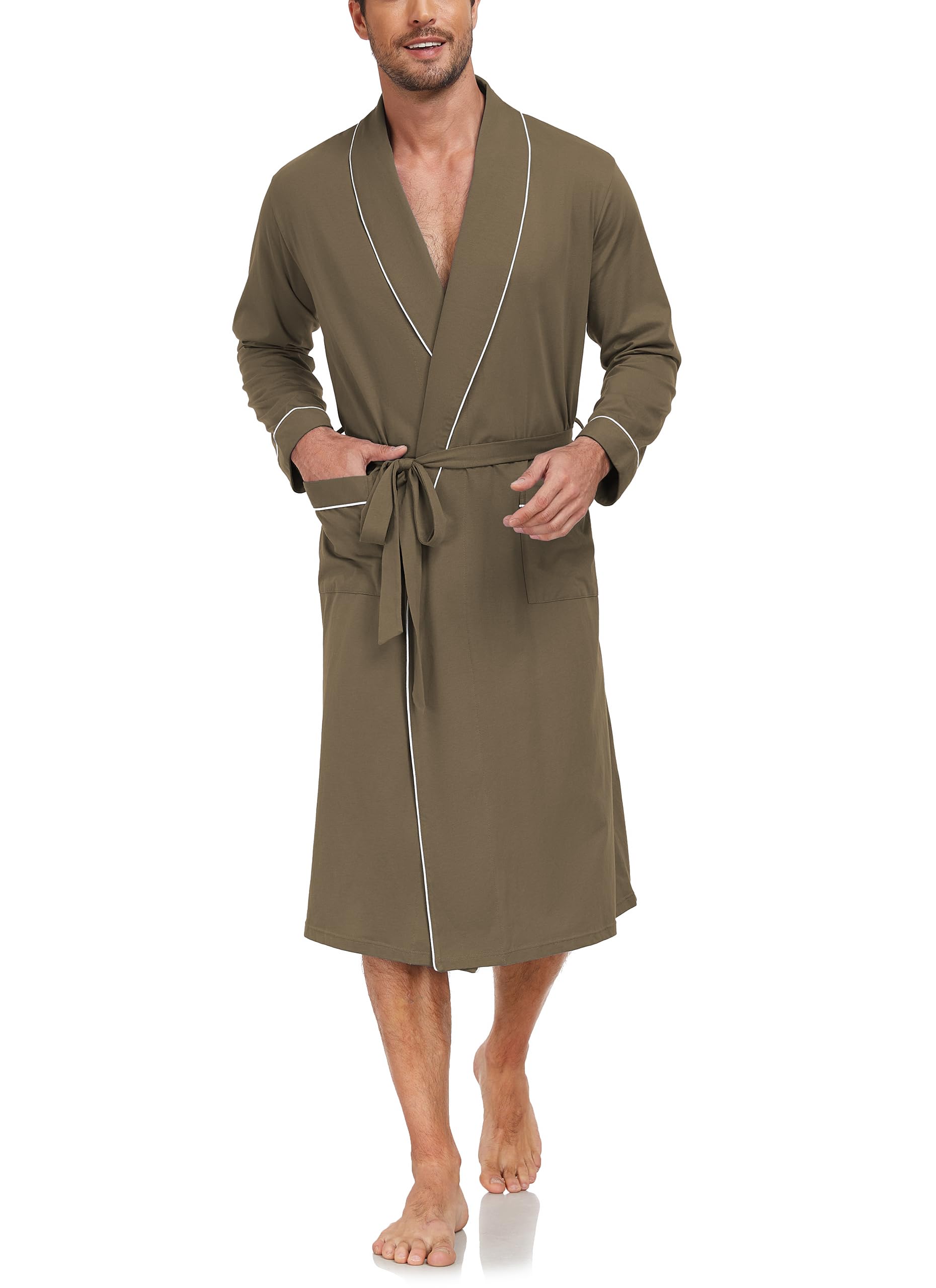EA'S SECRET Herren Bademantel 100% Baumwolle Leichter Strick-Spa-Bademantel für Sommer Langes Schlafgewand mit Taschen klassischem Schalkragen