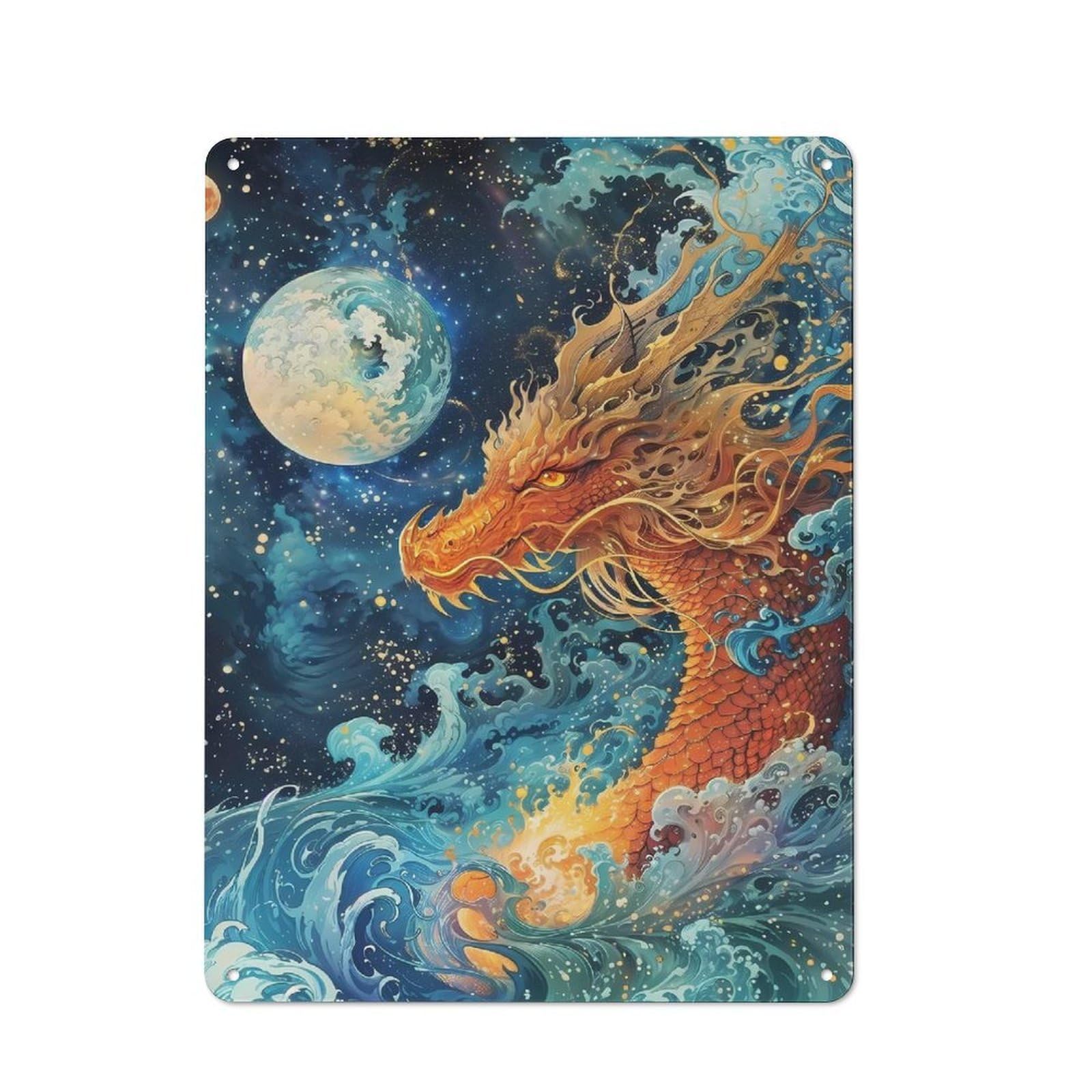 Celestial Dragons Gaze Printed Metal Sign, Easy to Hang Plaque for Living Room, Hallway, Kitchen Or Pet Corner, 40x30cm