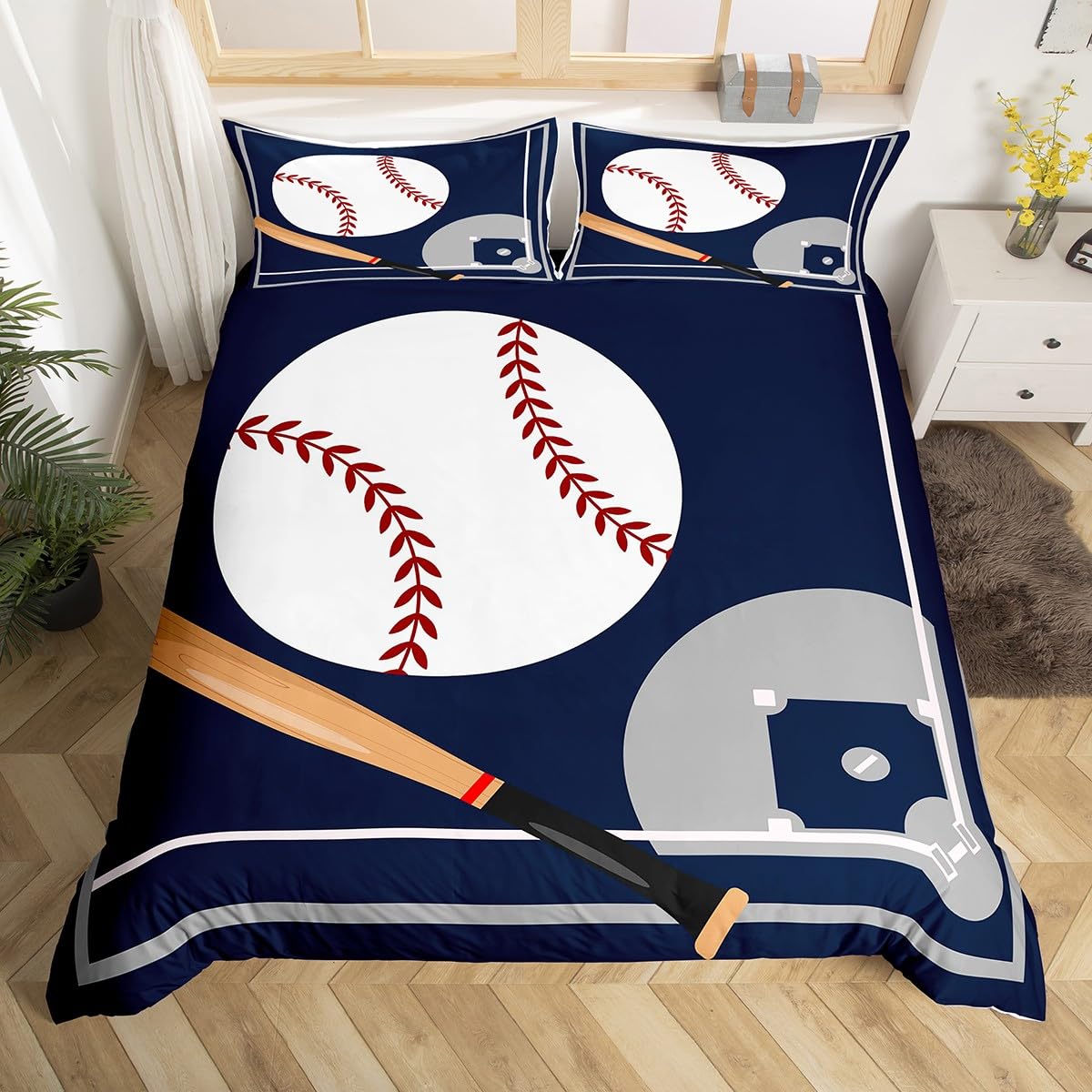 Homewish Baseball Bedding Set King,Sports Themed Duvet Cover for Kids Boys Girls Room Decor,Dark Blue White Baseball Bed Set Ball Games Duvet Cover 3Pcs (No Comforter)