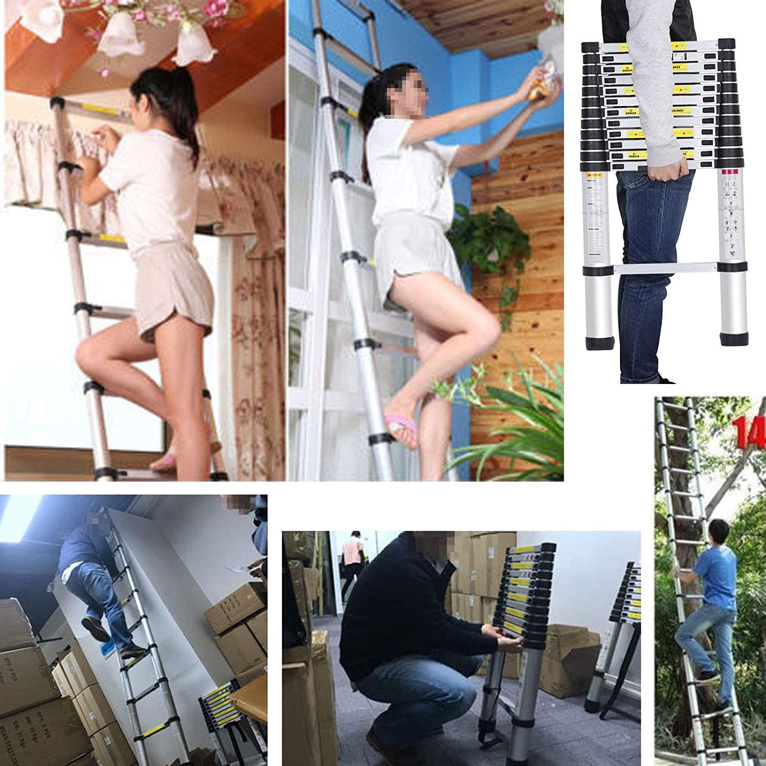 Escalera telescópica ligera, extensible y plegable para bricolaje, construcción de viviendas, áticos, loft, lugar de trabajo, de 150 kg,13 peldaños y 3,8 m