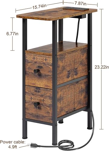 Miniatura 3 de HETNDP02PBR - Mesita de noche estrecha con estación de carga, juego de 2 mesas auxiliares delgadas con cajones de tela, mesa de sofá delgada para