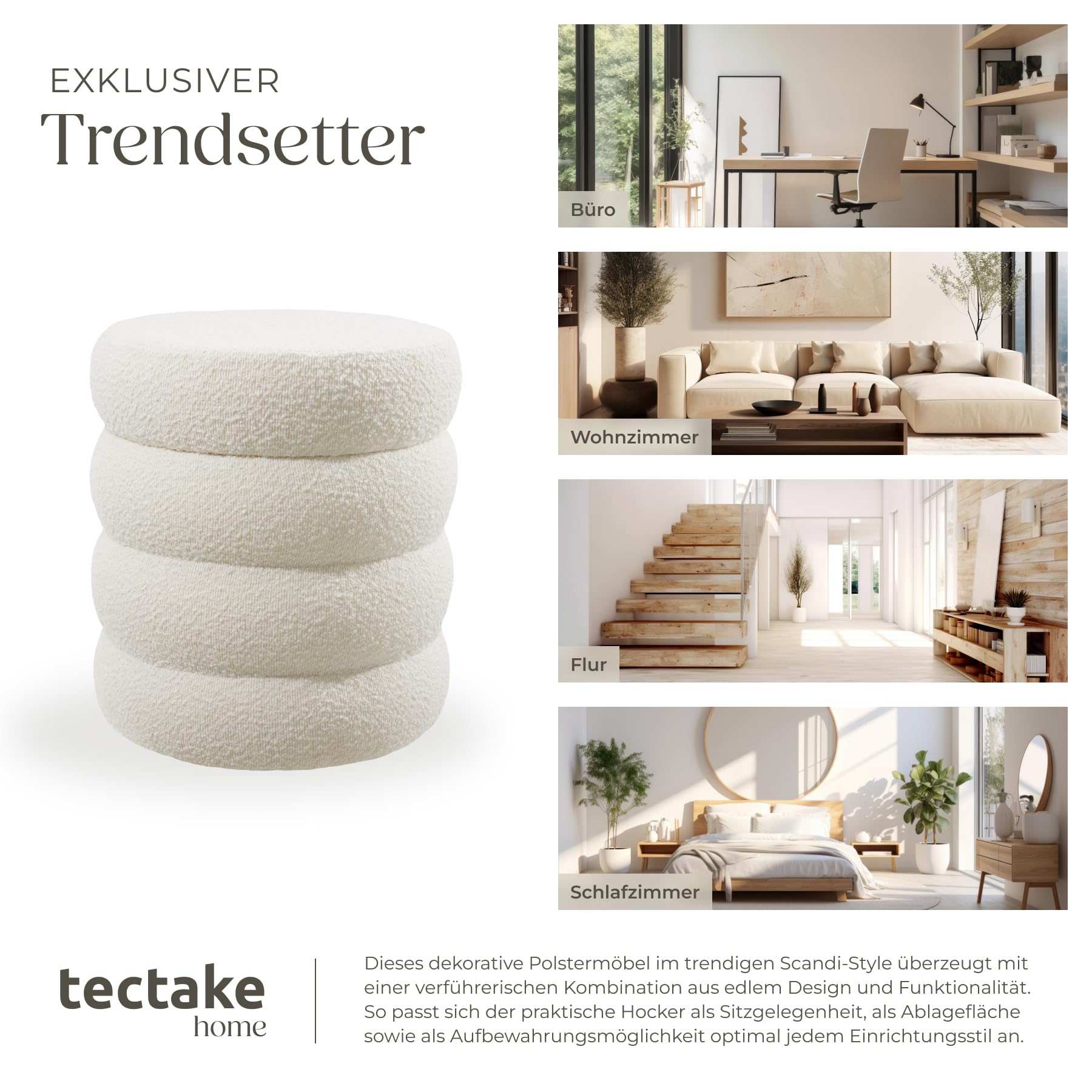 tectake® Hocker mit Stauraum, Scandi Sitzhocker Bouclé Teddy Stoff, Pouf, Polsterhocker rund für Schminktisch, Wohnzimmer Möbel, als Flur Möbel, Stauhocker Wohnen, Ø 42 x 47 cm - Bouclé Creme-weiß