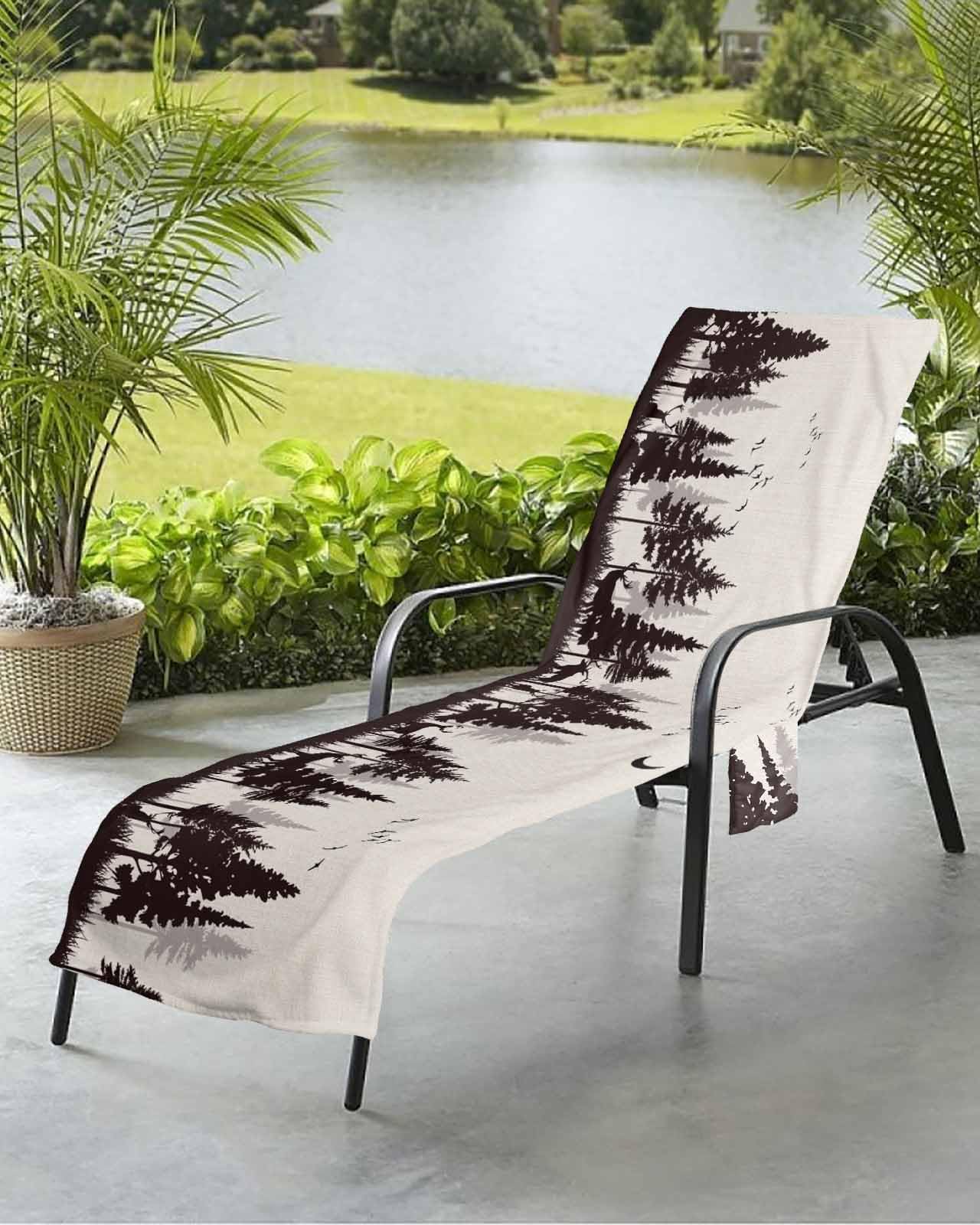 Grey Forest Elk Beach Chair Towel Covers for Chaise Lounge with Side Pocket, Soft Plush Pool Towels Cover for Patio Sunbathing Outdoor 29''x85'' Deer Birds Farmhouse Rustic Tree Botanical