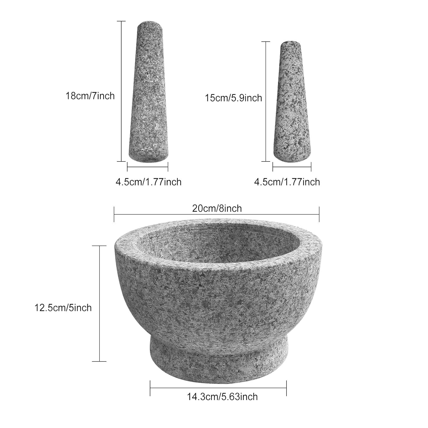 8 Inch Large Capacity Mortar and Pestle Set - One Mortar and Two Pestels - Natural 5 Cups Unpolished Heavy Granite for Apothecary Kitchen