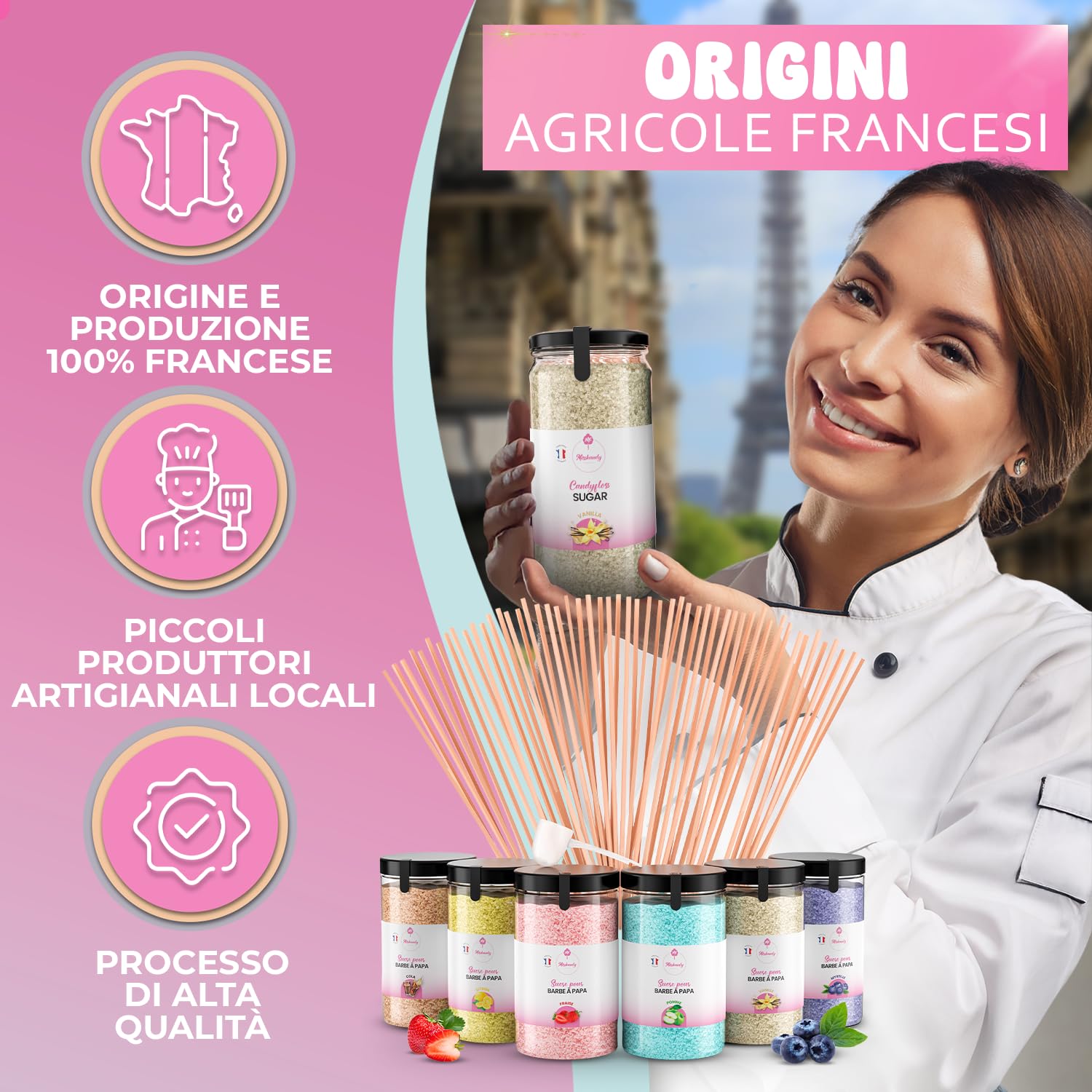 Misskandy®Kit zucchero filato con 6 gusti, 72 porzioni – Include 50 bastoncini per macchina per zucchero filato – Aromi: cola, vaniglia, fragola, mirtillo, limone e mela – Ideale per bambini e adulti