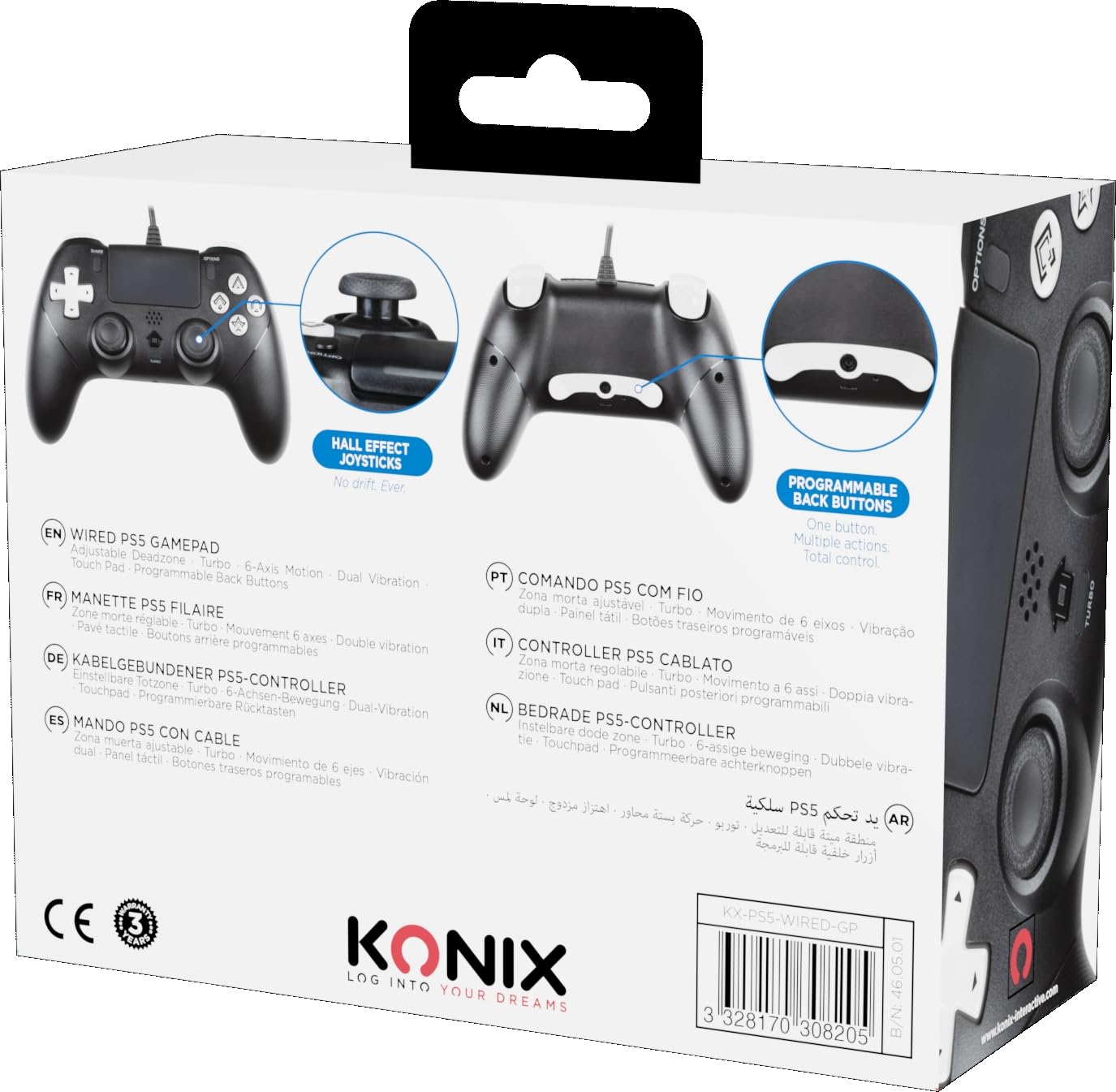 Konix Controller cablato per PS5 - Touchpad - Vibrazione - Altoparlante - Porta per cuffie - Funzioni Turbo e Auto - Pulsanti macro programmabili - Nero