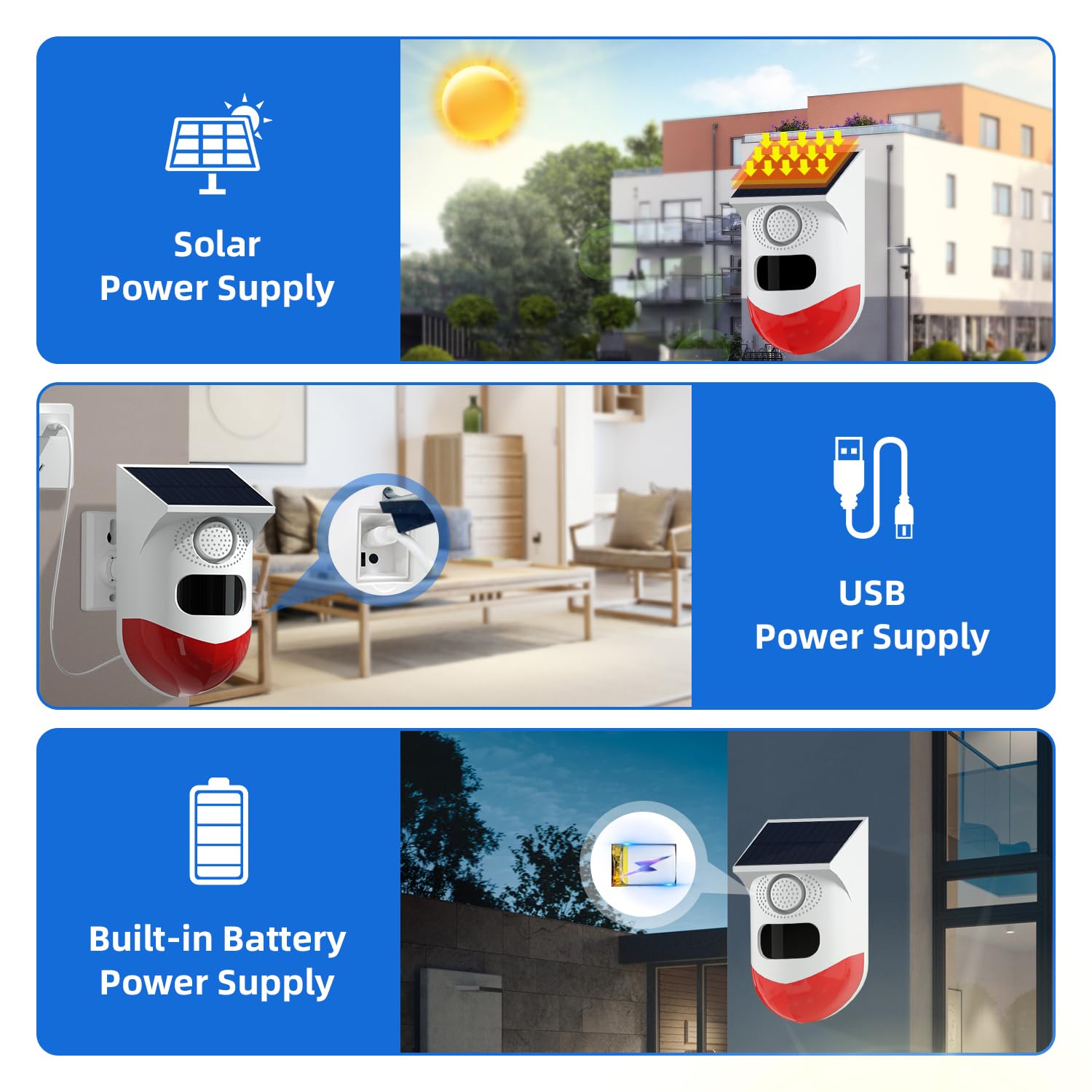 Détecteur de mouvement solaire WiFi extérieur, contrôle par application, sirène de sécurité sonore 120 dB, étanche IP65, avec lumière stroboscopique pour la maison, la ferme, la grange, la villa, la