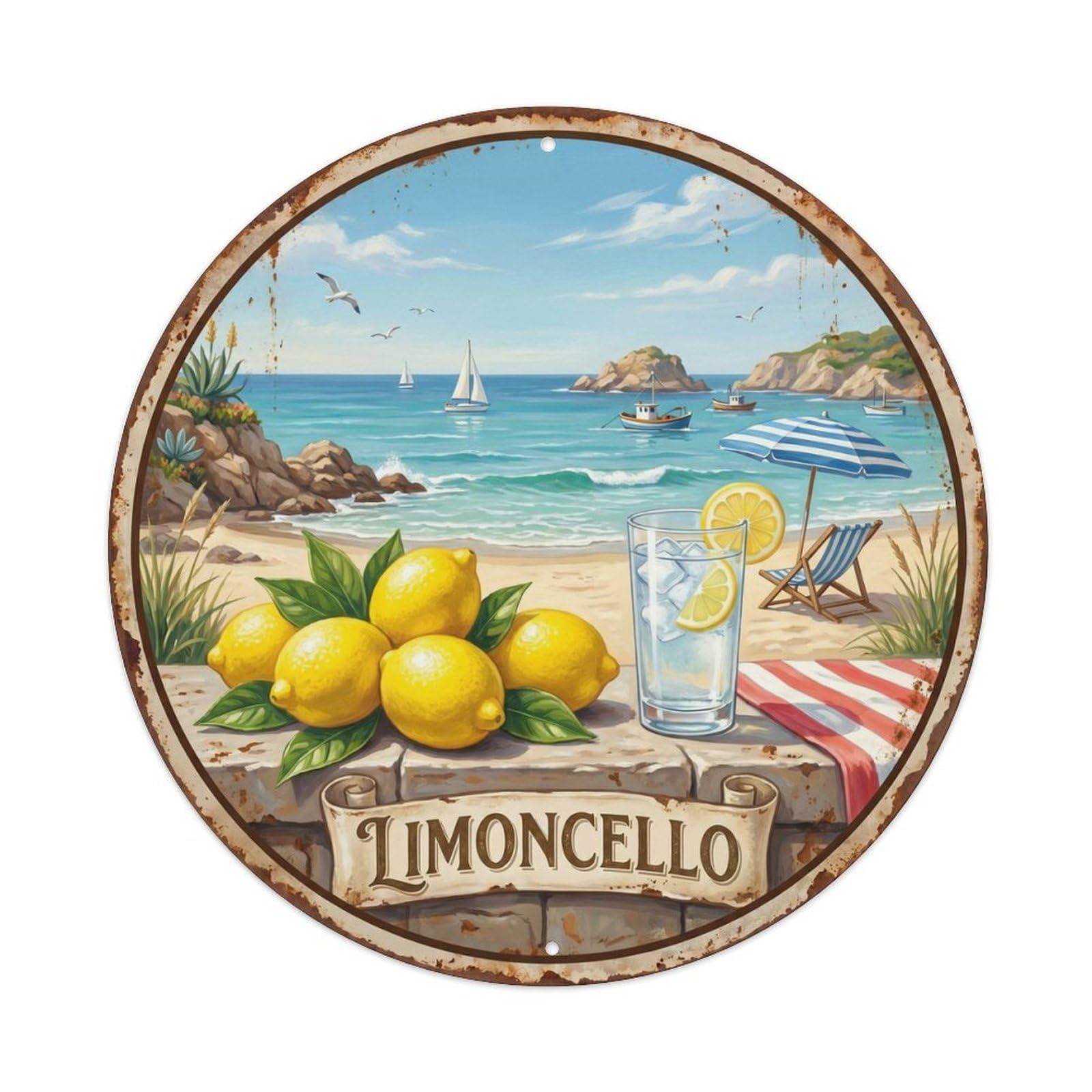 Coastal Limoncello Breeze Vintage Metal Tin Sign Plaque Wall Decor for Cafe, Club, Garden Round Metal Poster 8x8Inch