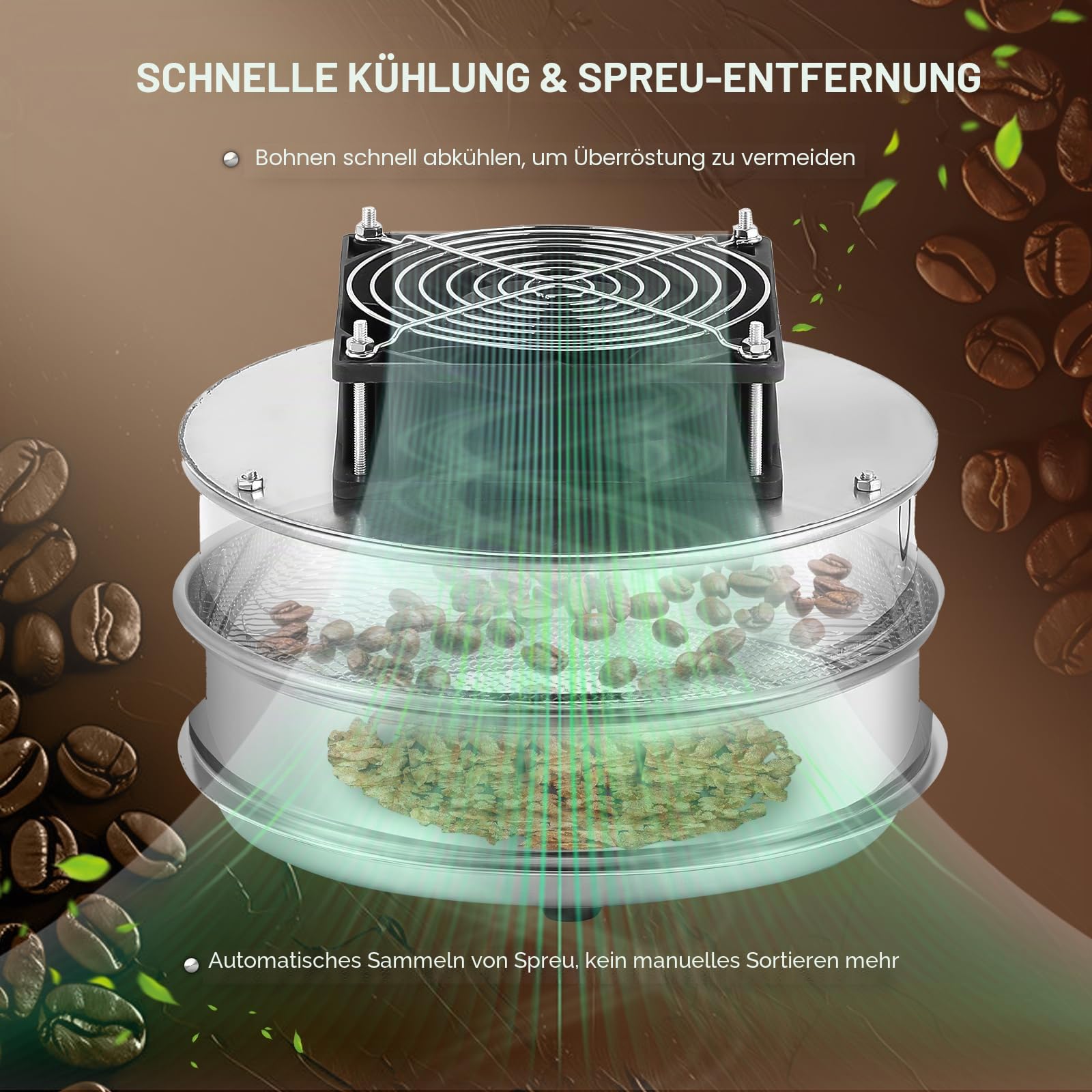 Huanyu Kaffeeröster mit Kaffeebohnenkühler 500g Kapazität Kaffeeröster Maschine Edelstahl Elektrischer Kaffeebohnenröster Multifunktionaler Röster für Erdnüsse und Körner
