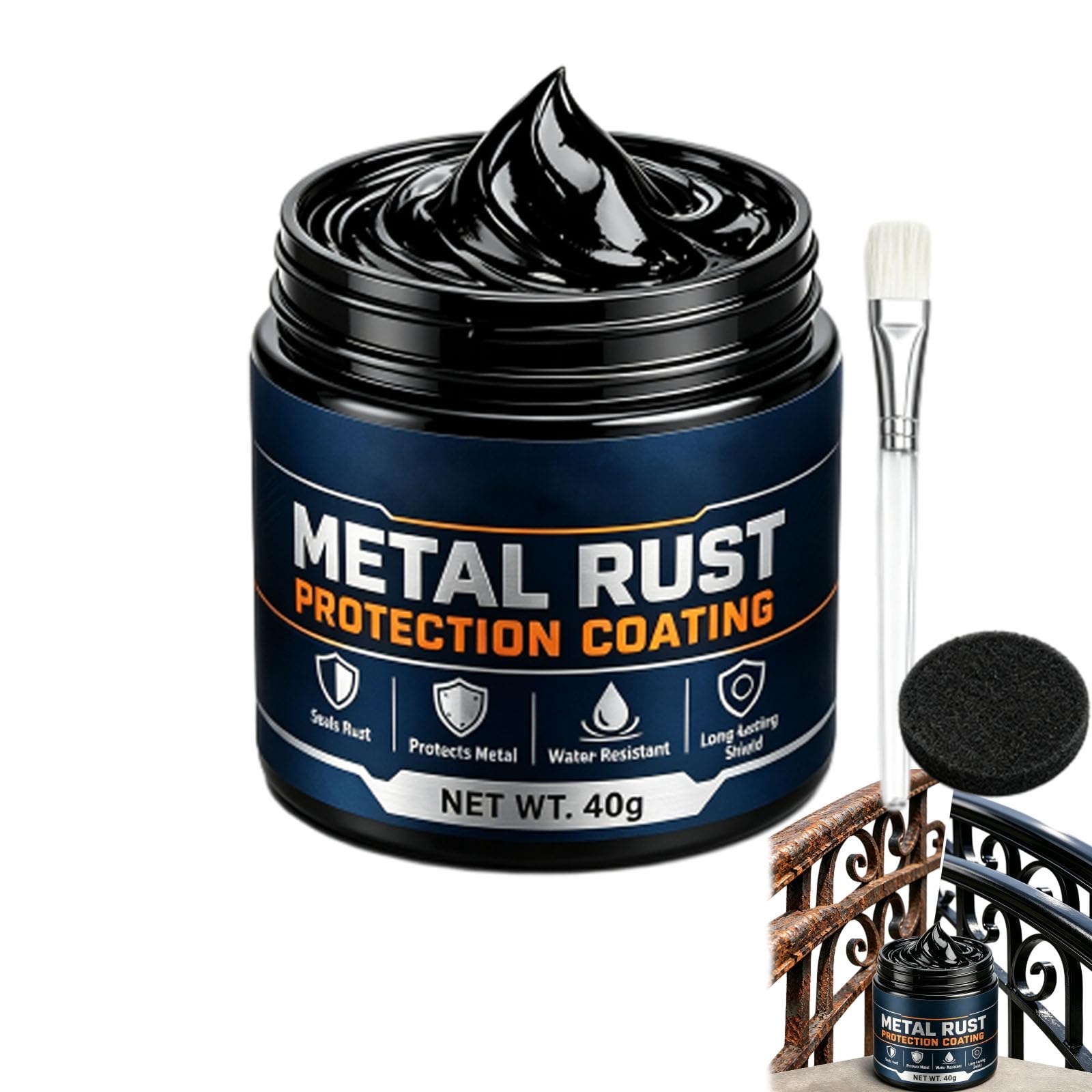 Metal Rust Protection Black Repair Paste, 1.4 fl oz - 3-in-1 Anti-Rust Coating for Vehicles, Fences, Tools, Railings, Storage Tanks & Furniture, Matt Black Finish，1PC+Brush+Cleaning pad