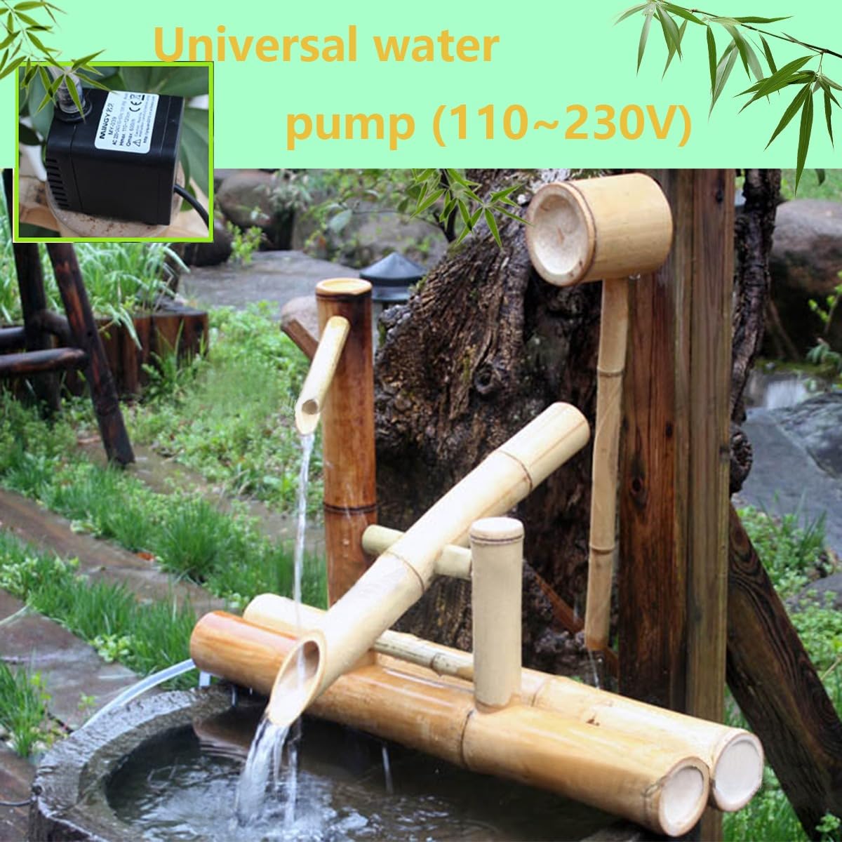 MRKU Fontana d'Acqua in bambù da Giardino, Kit per Paesaggio Acquatico da Cortile Zen con Pompa, beccuccio in Stile Giapponese con Finitura Liscia, per Oasi Fai da Te per Interni/Esterni