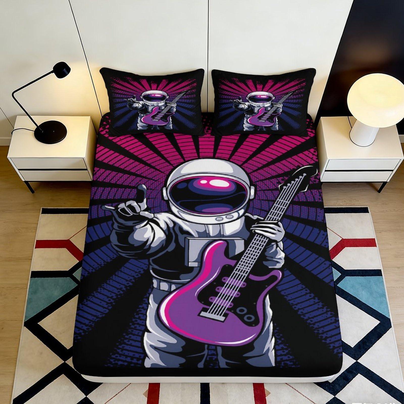3D Printed Astronaut Rocker Fitted Sheet Microfiber Soft Durable Space Guitar Bed Cover for Bedroom Dormitory Guest Room Mattress Protection 120x200x25cm