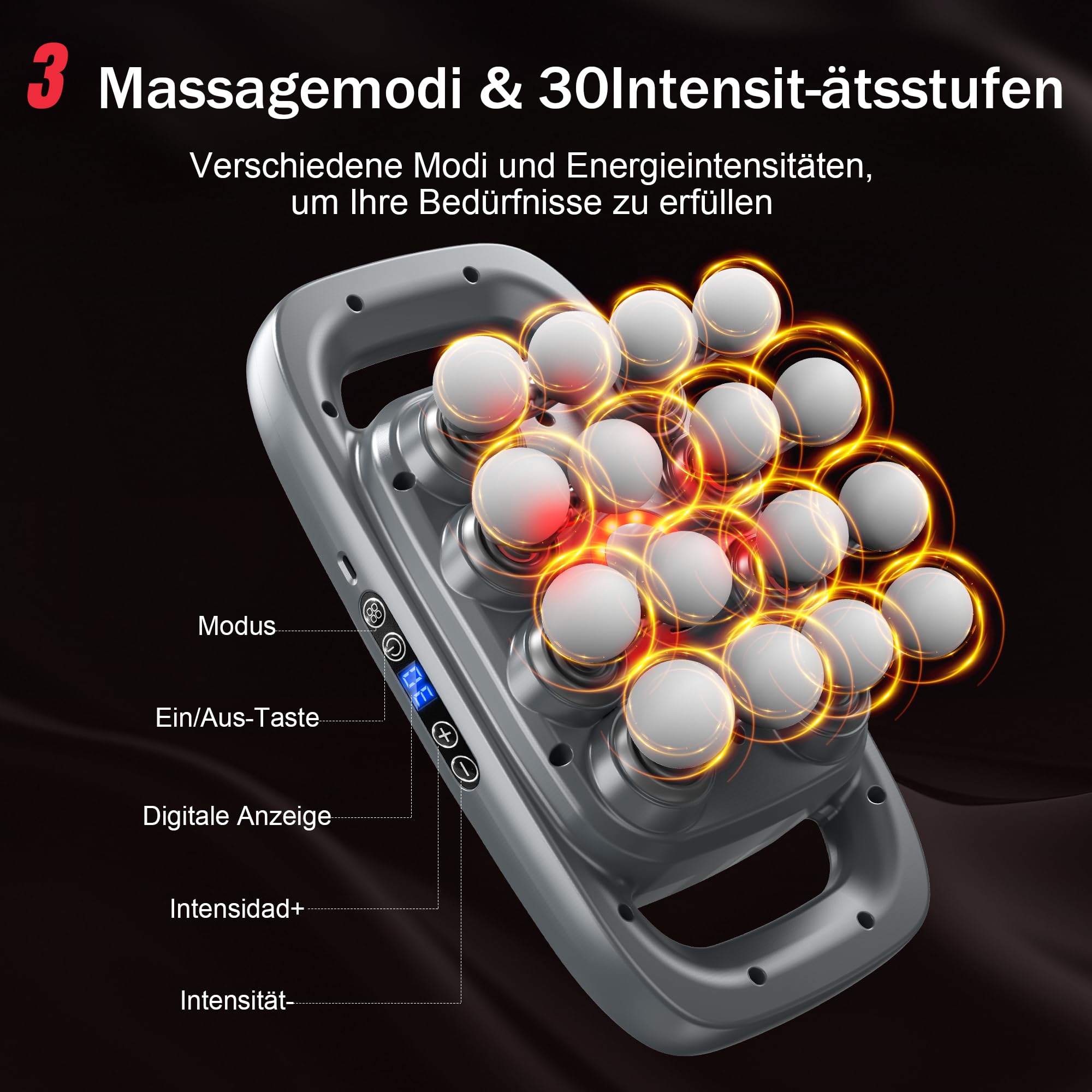 16-Kopf Massagepistole, 3 Massagemodi mit Rotlicht | 30 einstellbare Geschwindigkeiten, zur Linderung von Muskelverspannungen und Müdigkeit für Rücken, Taille, Oberschenkel