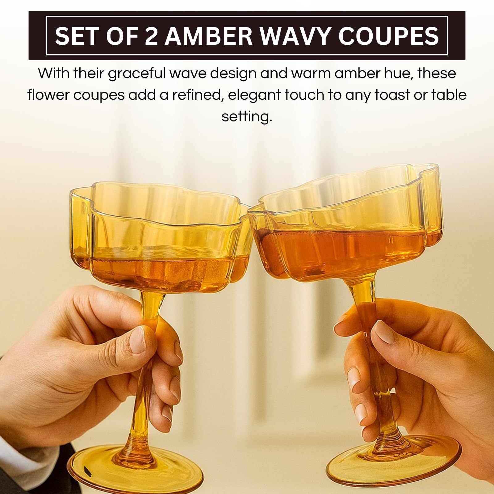 Khen Venus Glasses Luxury Glassware - Set of 6 - Everyday, Winter Gift Her, Mom, Wife, Girlfriend, Special Celebrations Drinkware, Textured Glass, Brown Style Amber Colored -Champagne Flute 6oz