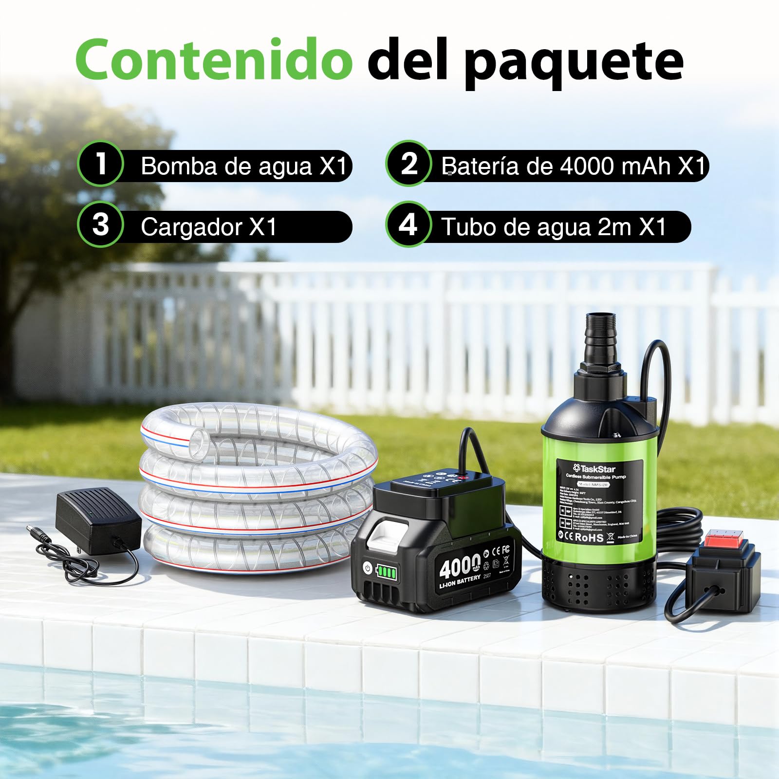 TaskStar Bomba Sumergible de Agua Inalámbrica Brushless, 4164 L/h Pequeña Bomba Portátil Utilitaria con Batería 4000mAh para Piscina, Jardín, Camping, Barco, Barriles de Lluvia, Drenaje Exterior