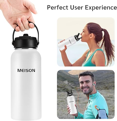 Miniatura 7 de Botella de agua deportiva de 1 litro con aislamiento y pajita, reutilizable, boca ancha, aspiradora de acero inoxidable 188, doble pared, sin BPA