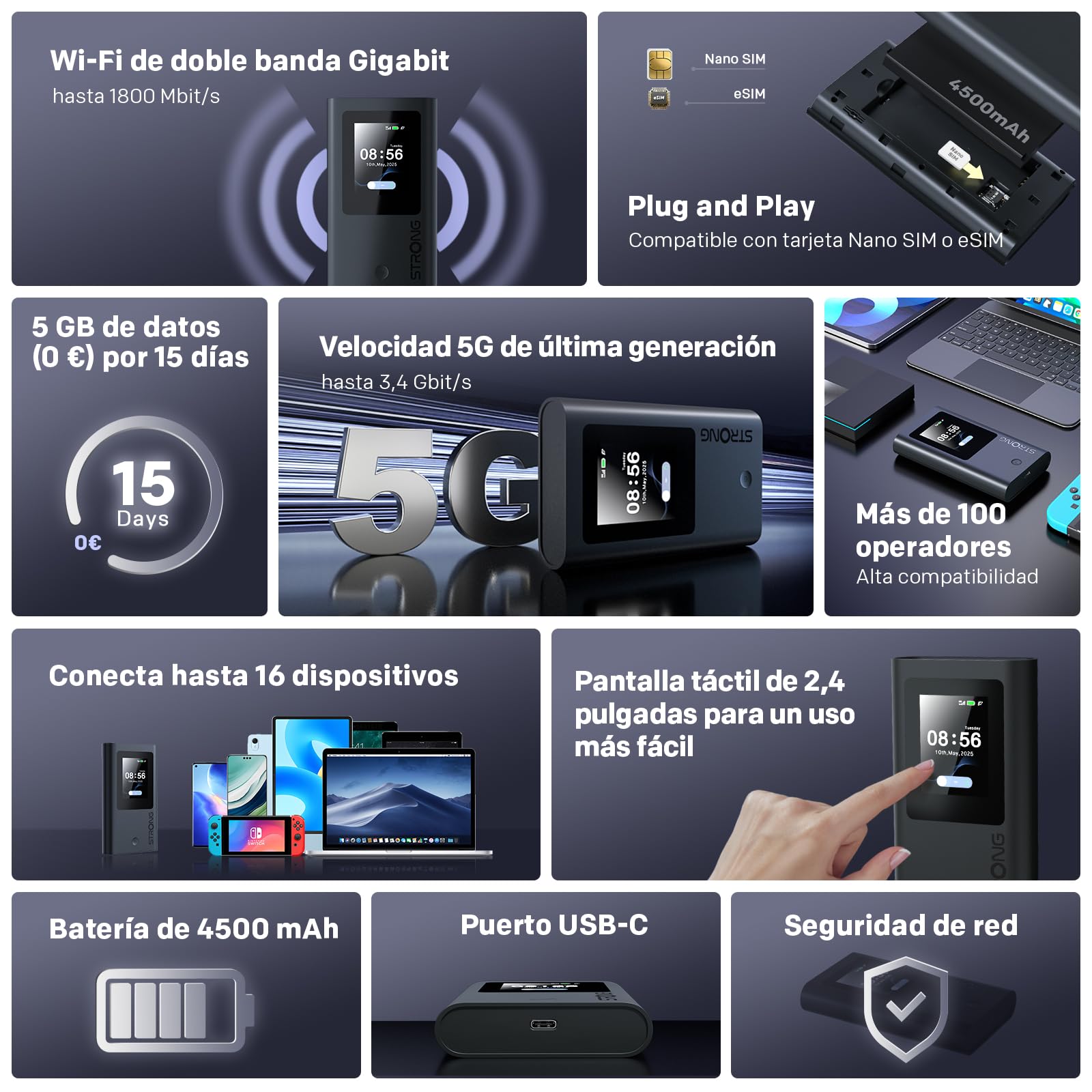 Strong 5G+ HOPI Router 5G Portátil WiFi 6 AX1800 con 5GB de Datos, Hotspot WiFi de Bolsillo con eSIM, hasta 3,4 Gbps de Velocidad de Descarga 5G, Batería de 4500 mAh, Puerto USB-C, Función Power Bank