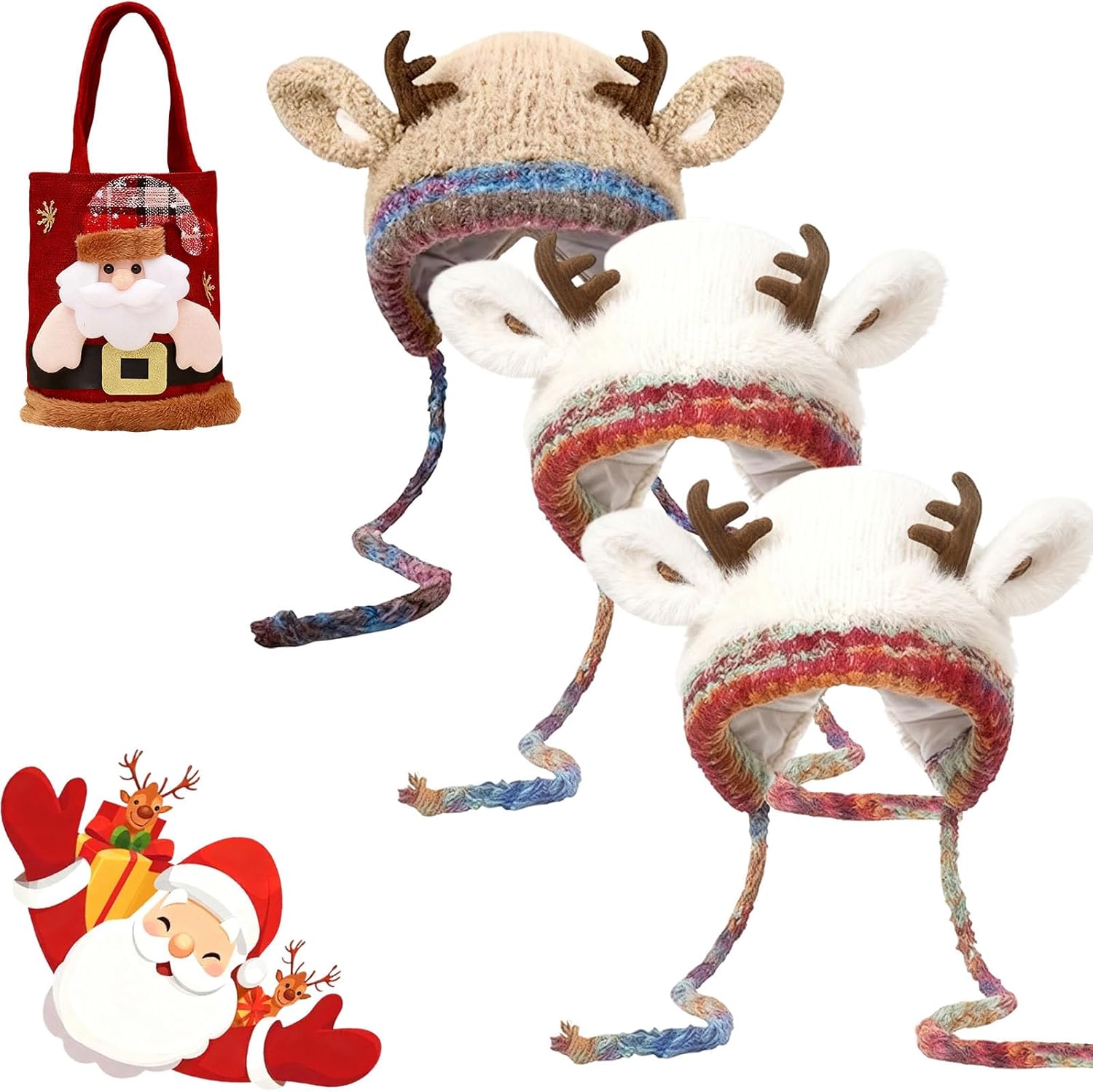 2025 New Festive Christmas Antler Hat, 2-in-1 Winter Knitted Ear Protection Windproof Warm Hat - Deer Storage Cap