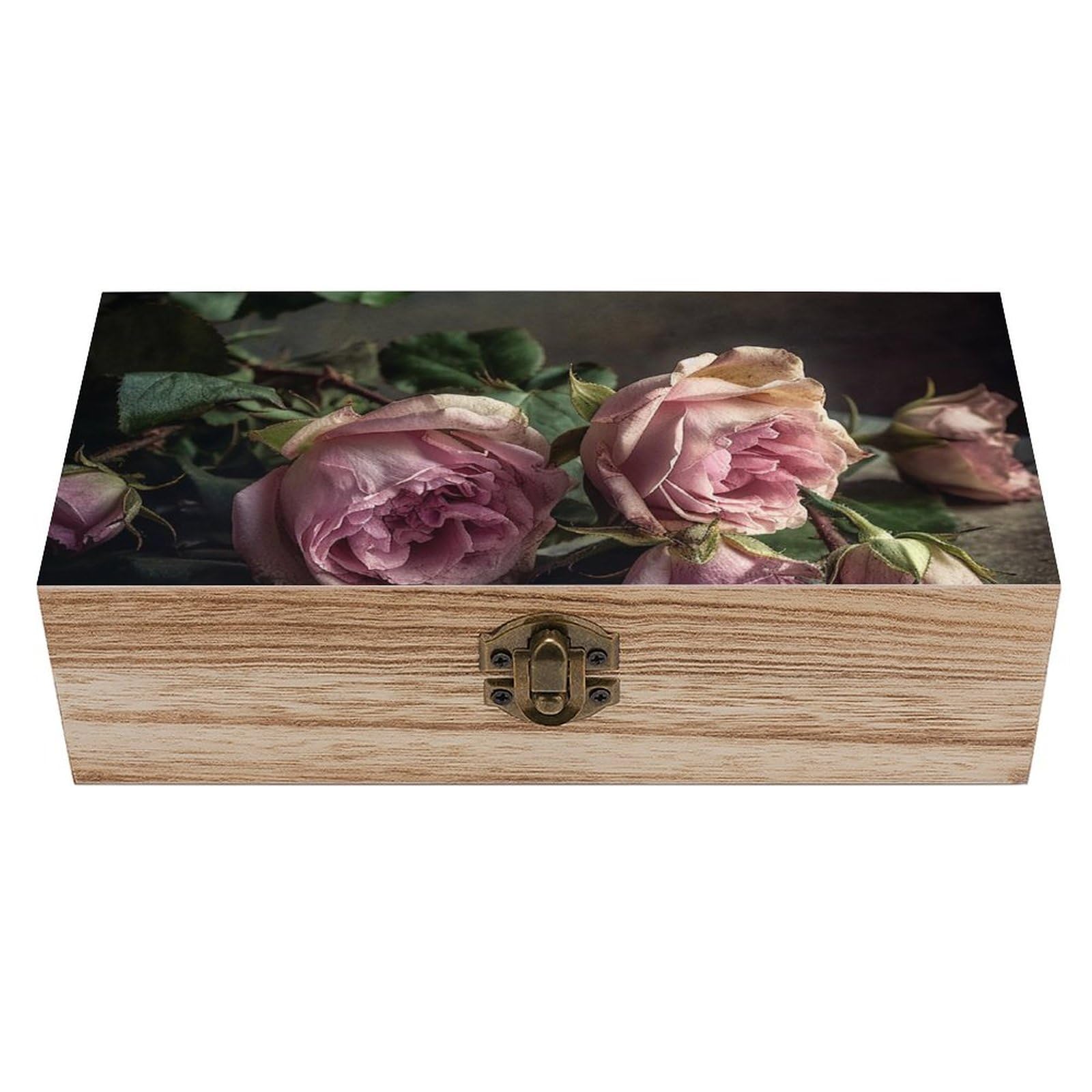 NTVOWPZO Wooden Storage Box Flowers on Wooden Table Wood Gift Box with Hinged Lid Vintage Decorative Boxes Jewelry Memory Box for Jewelry Art Hobbies Home Storage Treasure Keepsake Gift
