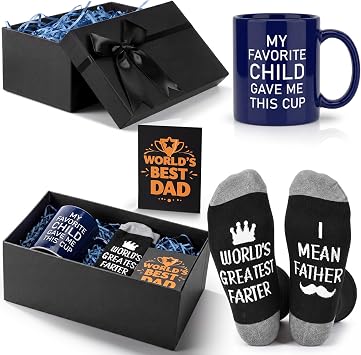 5 Pcs Father Gift World Best Dad Gift Set Includes Funny 11oz Ceramic Mug Socks Elegant Box with Card and Raffia Fathers Day Birthday Present for Husband Father from Daughter Son