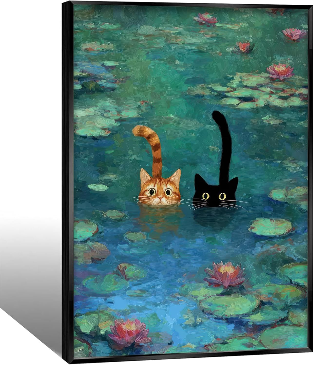 Monet Water Lilies with Cat Canvas Wall Art Funny Cute Orange Black Cat Wall Decor Pictures Eclectic Poster Prints for Room Bedroom Living Room Bathroom Home Decoration 16x24in Black Frame