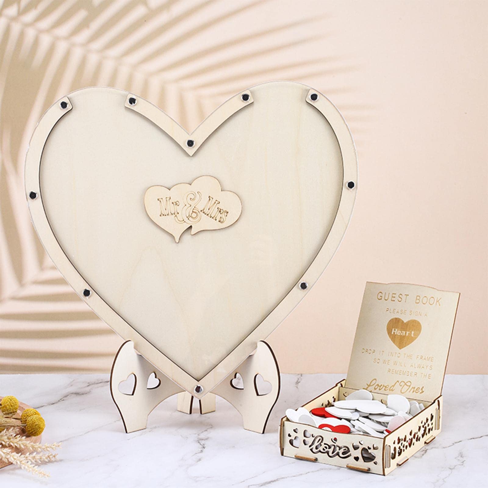 Libro de Firmas para Bodas en 3D con Marco de Madera en Forma de Corazón Y 80 Corazones de Madera para Aniversario.