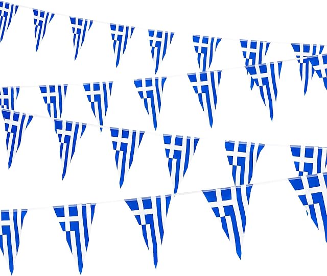 Whaline 29.5Ft Greek Flag Bunting, Greece Triangle Flag Banner, 30Pcs Greek Pennant Flag String Bunting for National Day Parades Decorations Sports Events Home Celebration Party