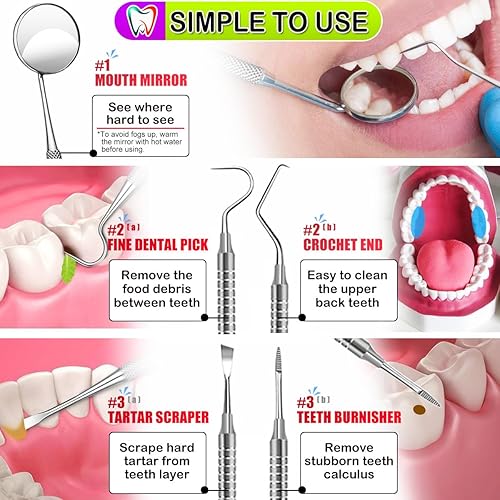 Miniatura 5 de CATACC PRO Herramientas dentales, púa dental, kit de higiene dental, kit de herramientas de limpieza dental de acero inoxidable con raspador de