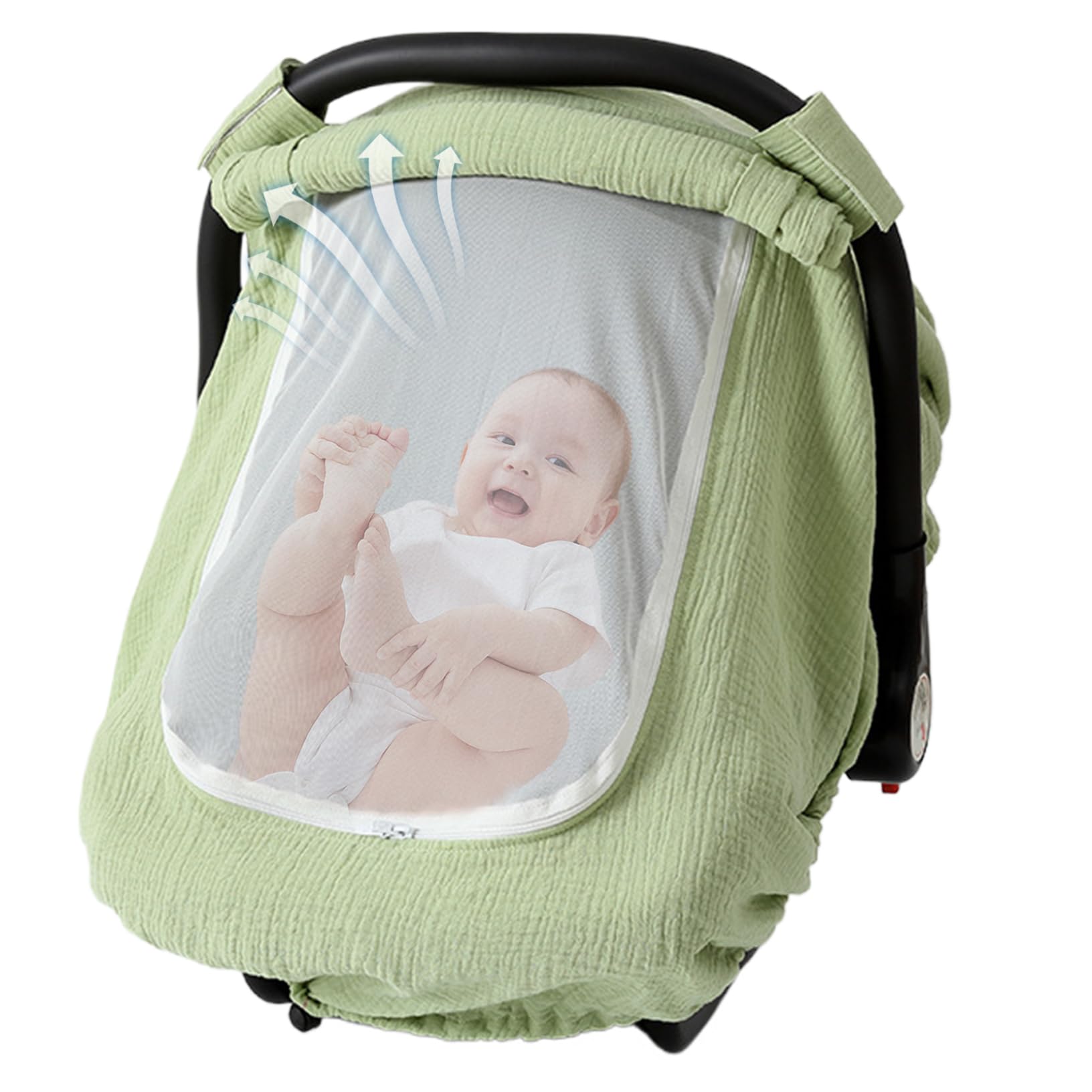 Infant Car Seat Cover 360° Protection Cotton Gauze with Dual-Layer Breathable Mesh Fabric Window Lightweight for Boys & Girls, Mint Green