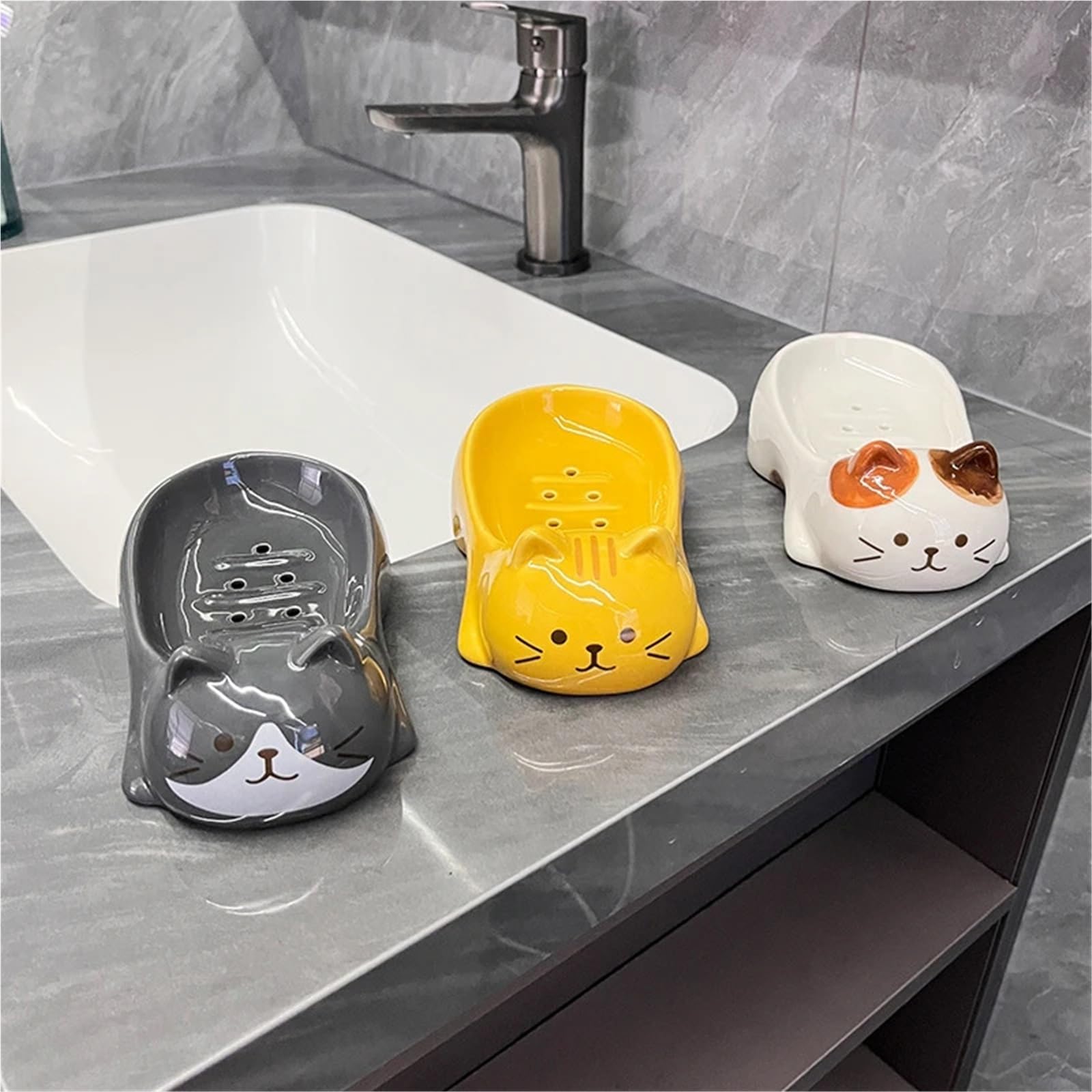 Jabonera Caja de jabón cerámica | Rejilla De Drenaje Decoración De Baño Plato Lindo(Grey cat)