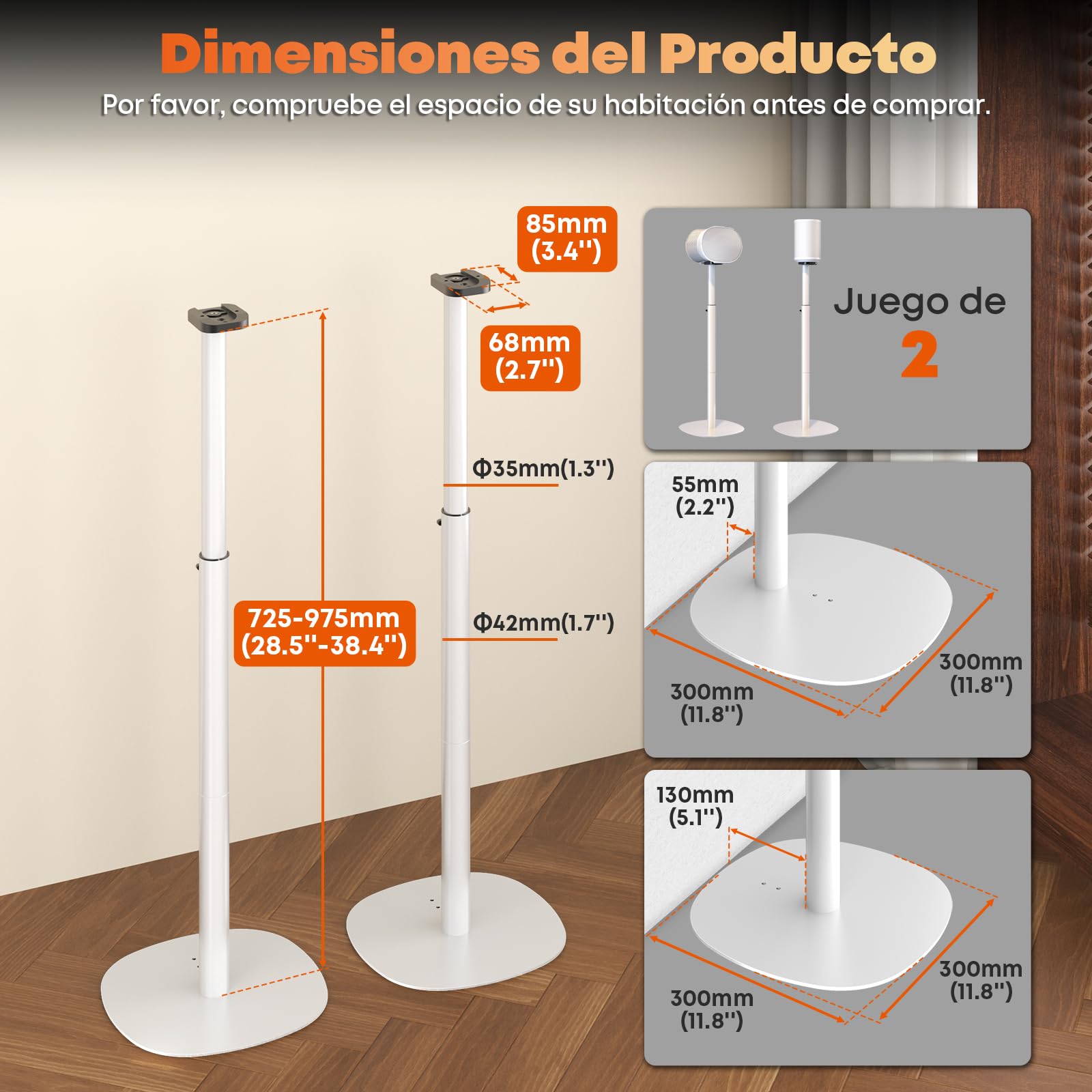 Soportes para Altavoces Sonos Era 100 SL, Era 100 y Era 300 – Altura Ajustable 74–99 cm, Base Dual-Mount, 5 kg, 1 Par, Blanco