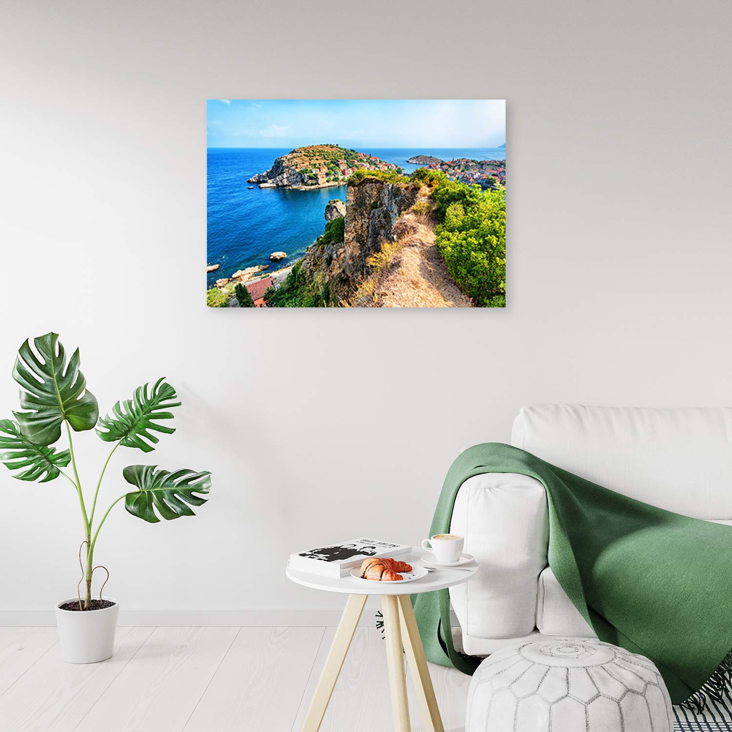 Leinwandbild XXL Stadt am Meer Wandbild Kunst Landschaft Blau 120x80 cm