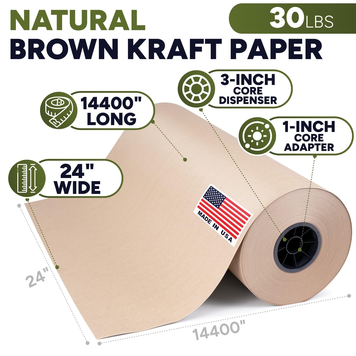 Rollo de papel kraft marrón natural de 24 x 14400 pulgadas (1200 pies), grado estándar de 30 libras, fabricado en Estados Unidos, rollo grande de papel de regalo marrón, núcleo de 3 pulgadas