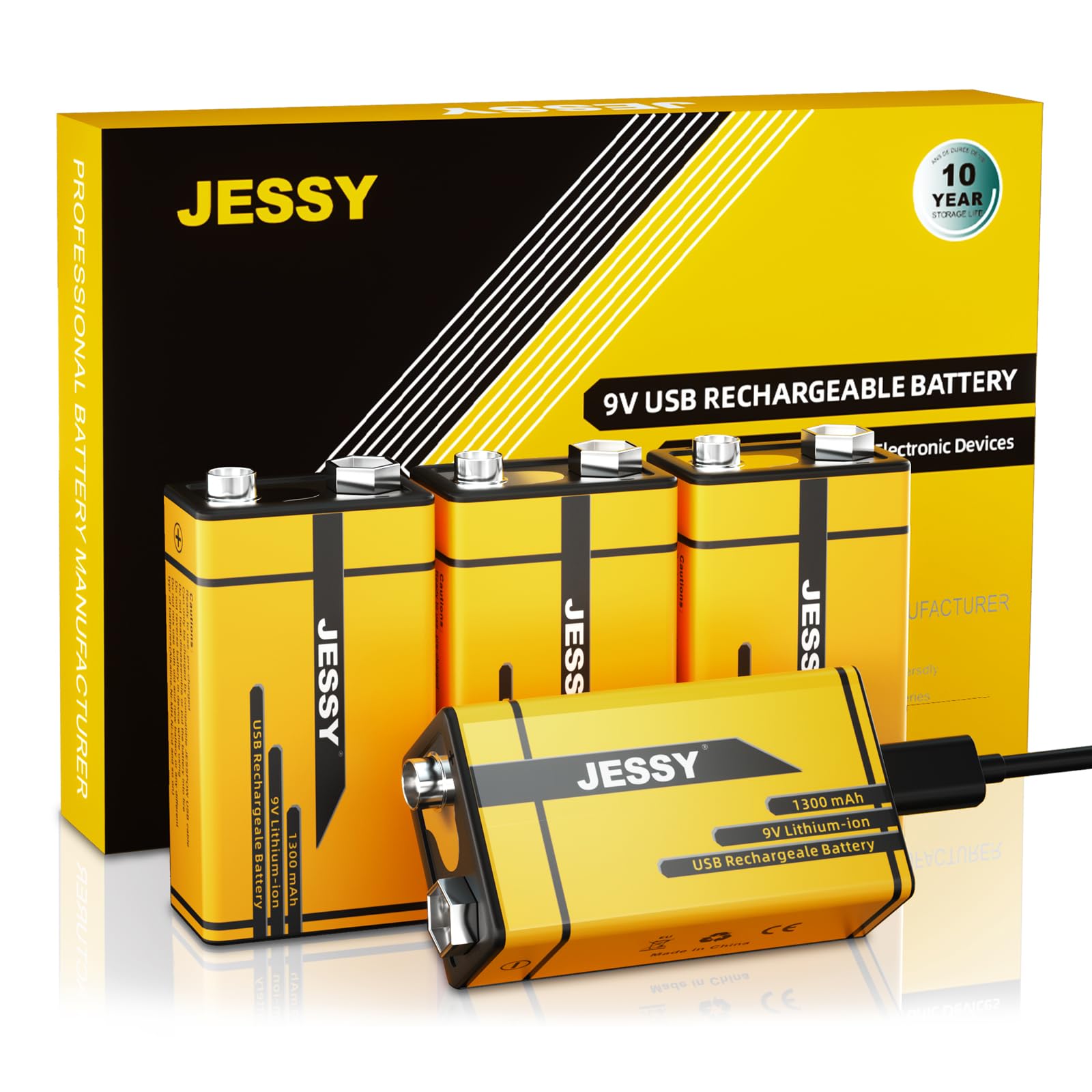 9V Rechargeable Batteries USB Rechargeable, 4 Pack 1300mAh Long Lasting Lithium Batteries, USB-C Recharge with 4 in 1 Charging Cable for Smoke Alarms