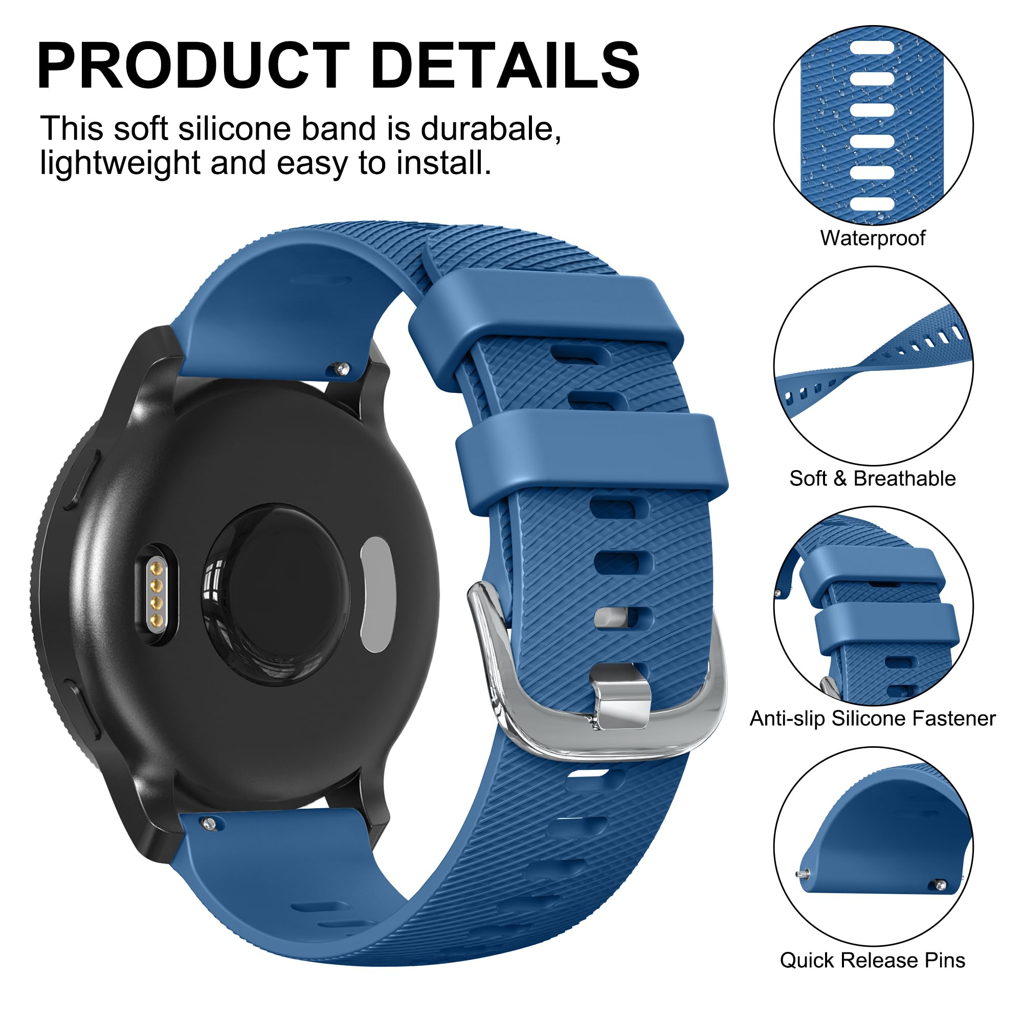 for Garmin Forerunner 255 Strap, 265 Strap, Venu 2 Strap/Venu 3 Strap/Vivoactive 4 45mm, 22mm Width Adjustable Soft Silicone Quick Release Band for 255/265 Music,Legacy Hero Strap (Navy blue) - Image 2