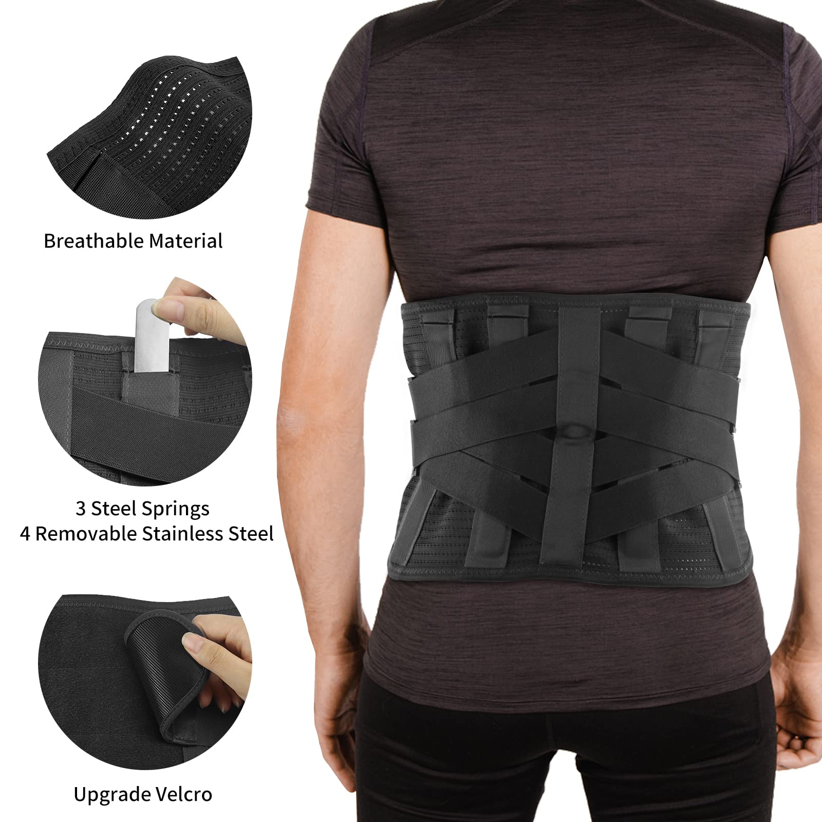 Soporte lumbar para aliviar el dolor de espalda, soporte transpirable para la espalda baja para mujeres y hombres, cinturón de apoyo lumbar ajustable con 7 soportes para hernia de disco,