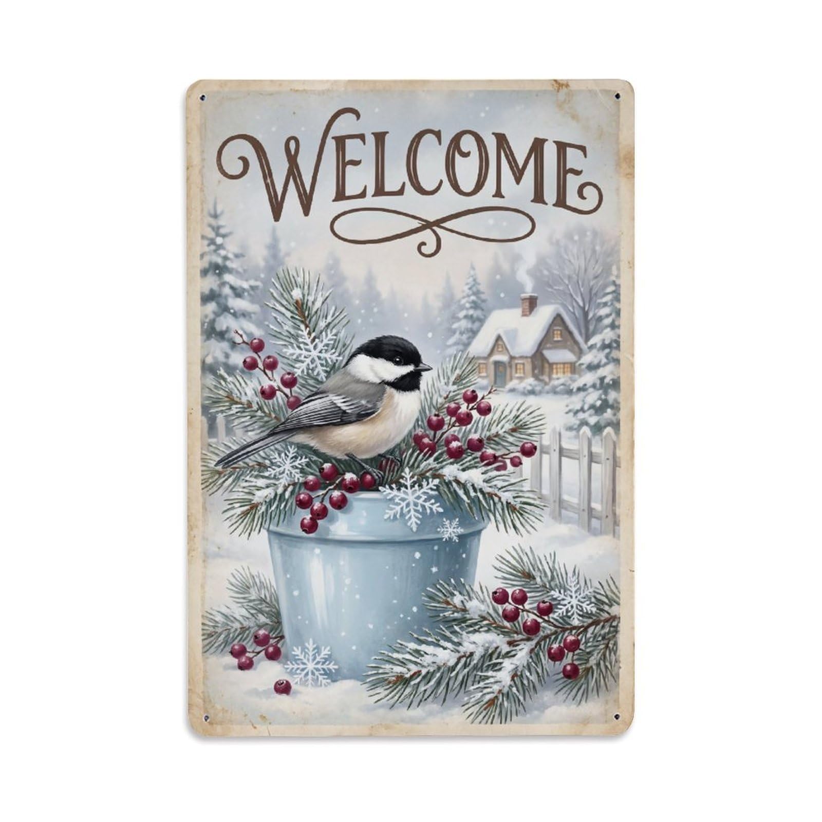 Cxhjca 8X12inch(20X30cm) Vintage Welcome Chickadee Cozy Cottage Metal Tin Sign