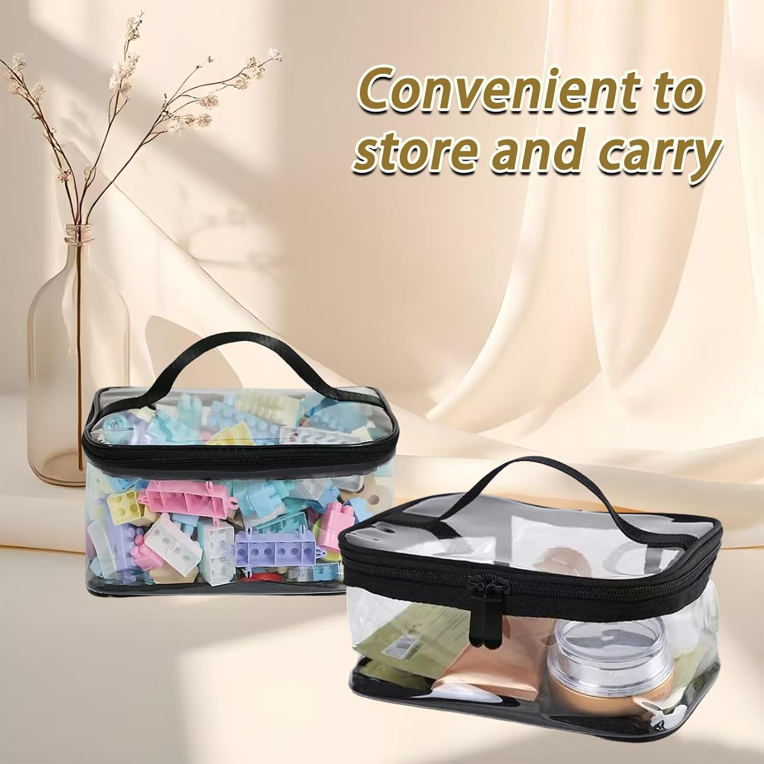 2Pcs Portable Clear Makeup Bag, Transparent Black Border PVC Zipper Travel Storage Pouch With Handle, Waterproof Cosmetic Toiletry Bag Small Foldable Storage Pouch image 4
