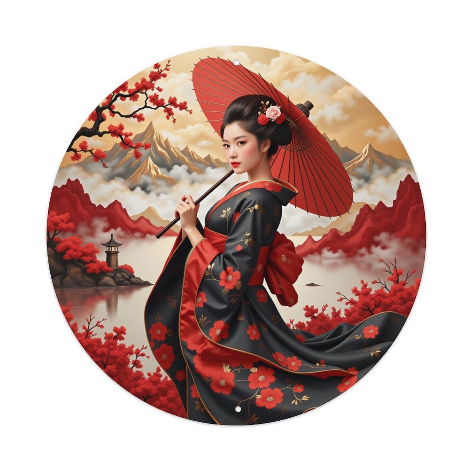 Red Cherry Blossom Mountains Lake Round Tin Sign Retro Metal Sign for Cafe Bar Pub Home Game Room Gym Club Wall Decoration Vintage Metal Poster 8x8 Inch
