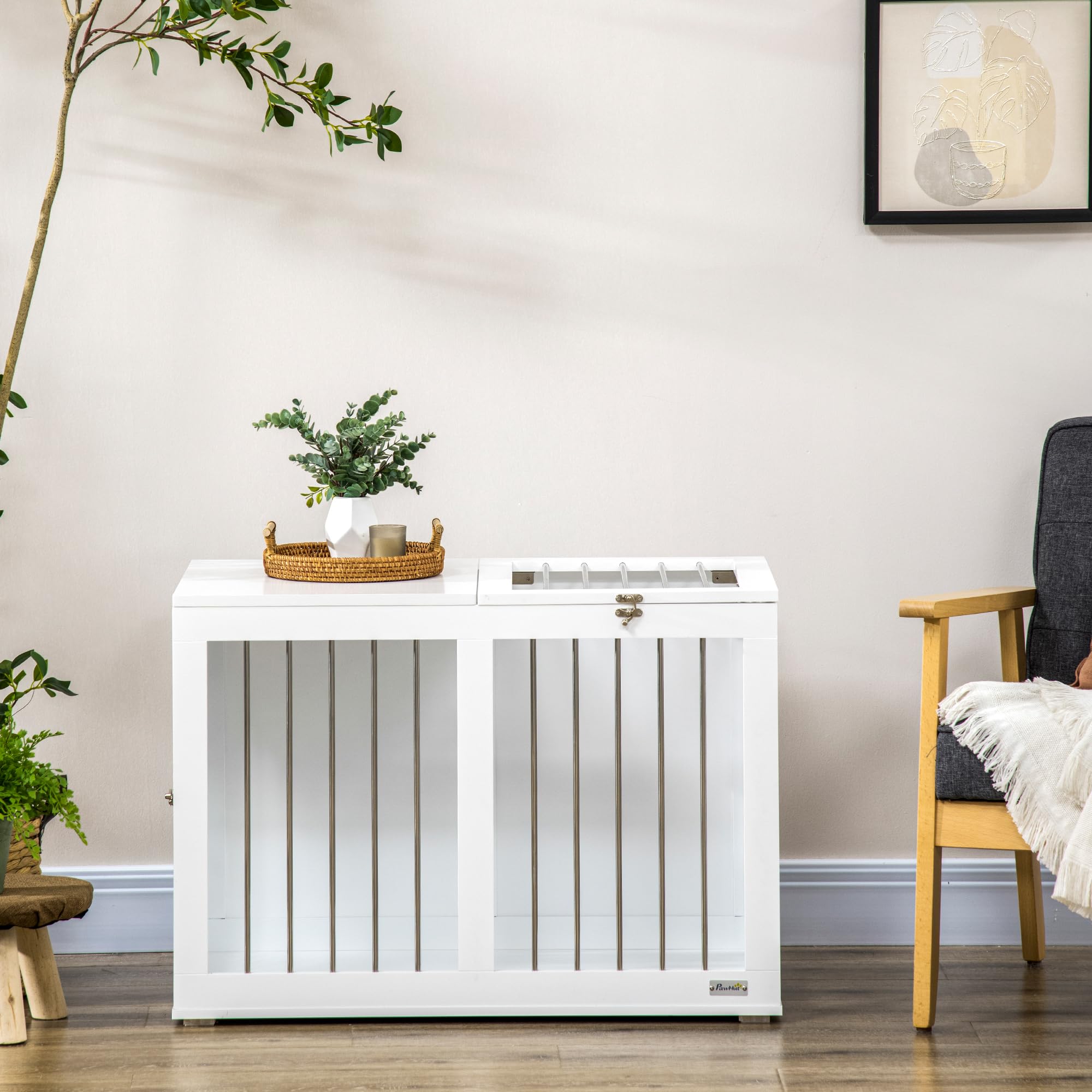 PawHut Cage pour chiens avec 2 portes verrouillables, maison pour chien, taille moyenne, pour intérieur, acier et MDF, 80 x 50 x 56,5 cm, blanc