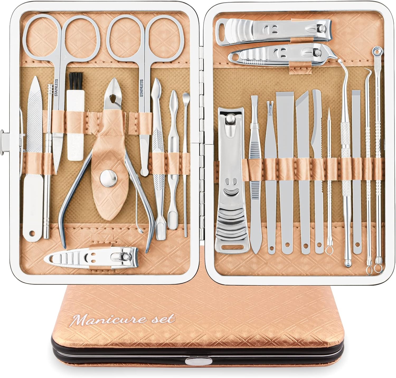 Manicure set, professionele nagelknipper kit pedicure care tools 23 stuks roestvrij stalen verzorgingsgereedschappen met zwart PU-lederen hoes voor reizen of thuis (goud- / zilverkleurig)