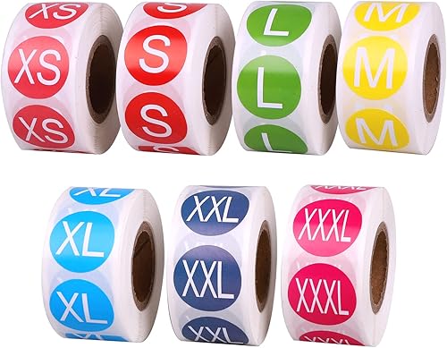 3500 calcomanías de tamaño de ropa de 78 pulgadas, calcomanías coloridas para ropa, 7 rollos, etiquetas de 7 tamaños (XS a XXXL)