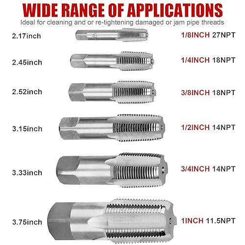 Miniatura 6 de KBOISHA Juego de grifos de tubo NPT de 6 piezas, rosca NPT de acero al carbono que forma tamaños 18", 14", 38", 12", 34" y 1"