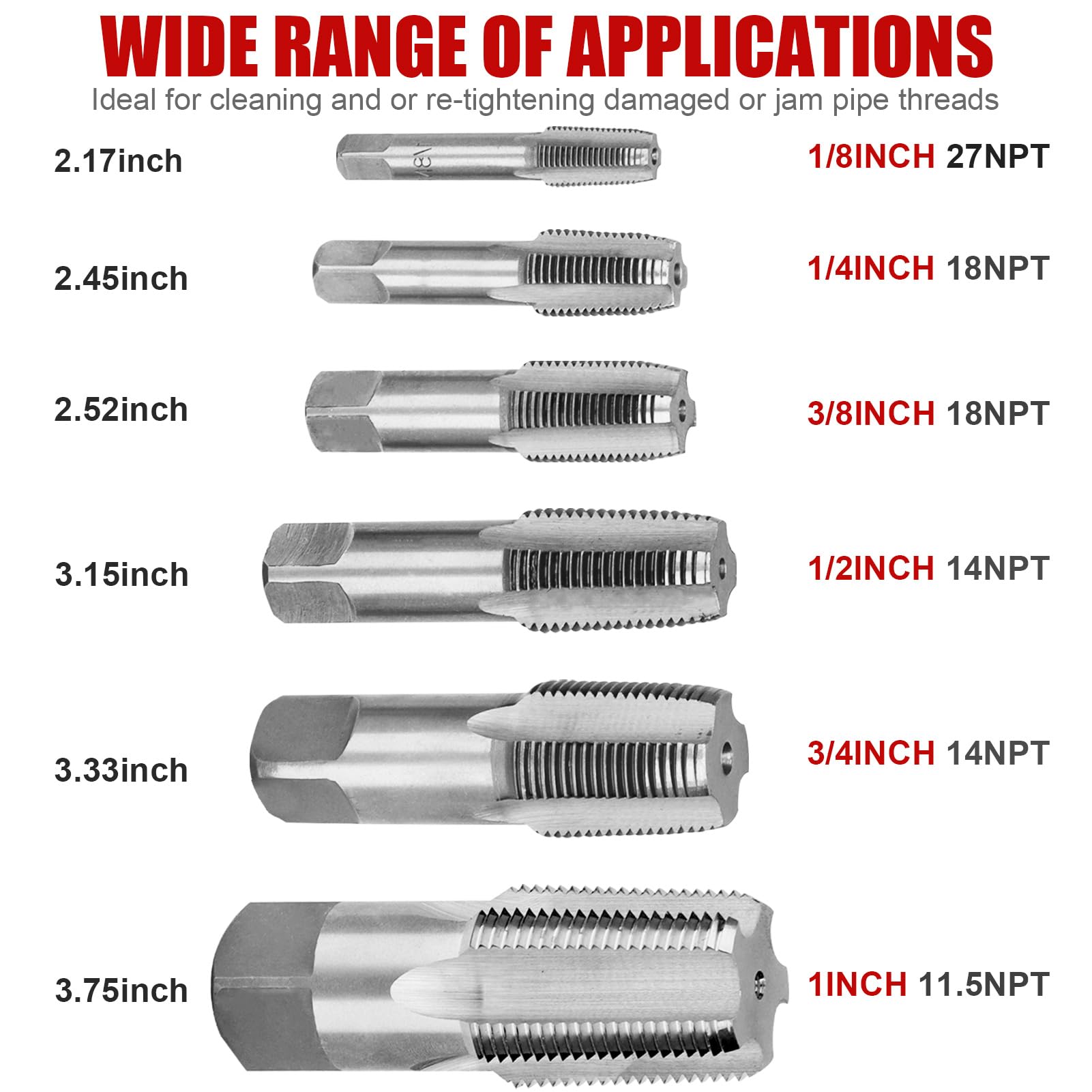 KBOISHA NPT gwintownik ze stali węglowej do gwintów NPT, 6 sztuk, rozmiary 1/8", 1/4", 3/8", 1/2", 3/4" i 2,5 cm